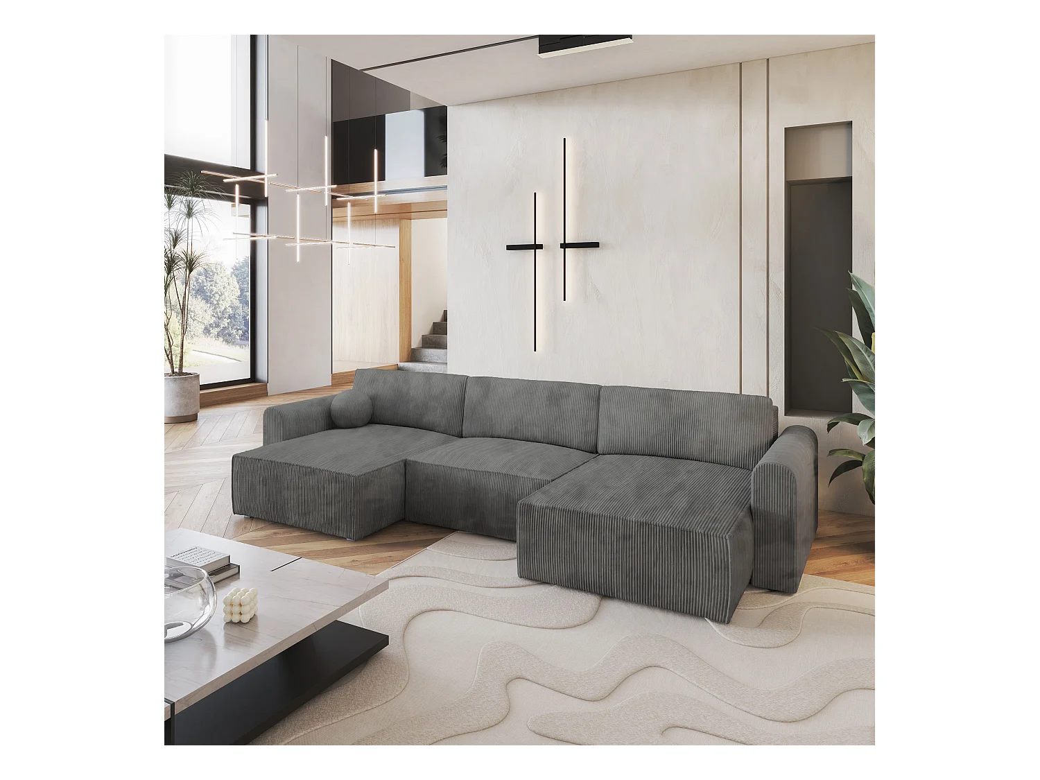 Canapé d'angle FENTO Gris en velours côtelé avec fonction de couchage