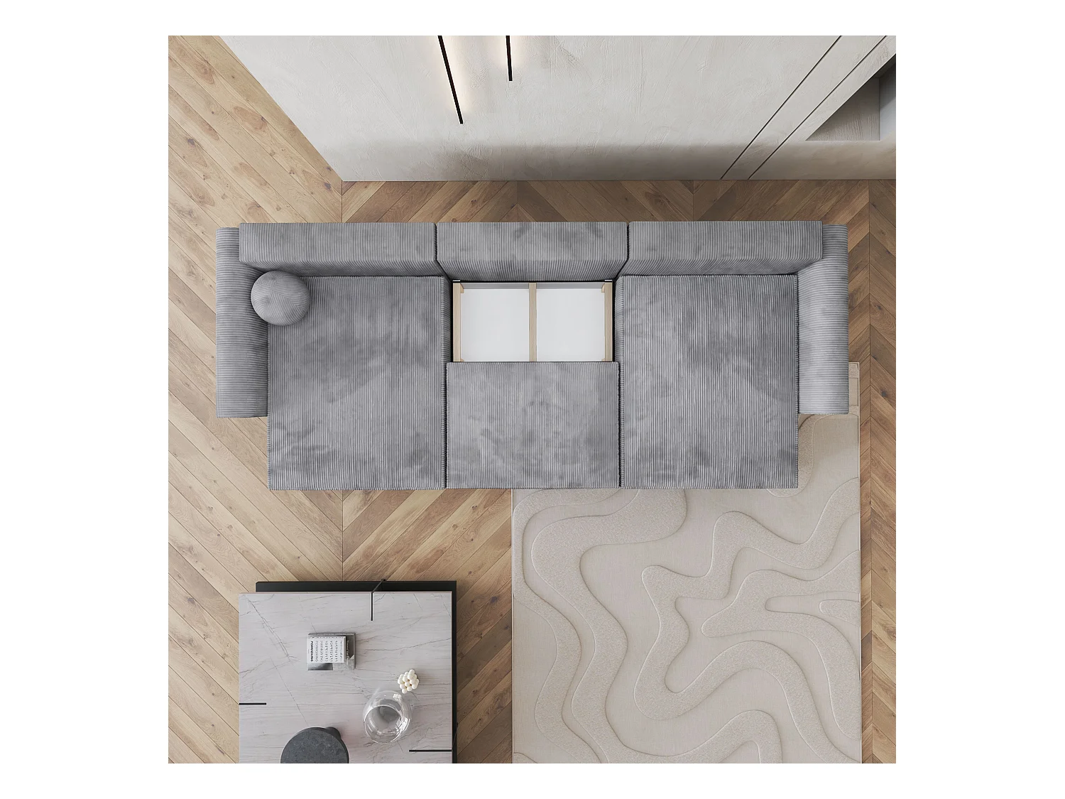 Canapé d'angle FENTO Gris en velours côtelé avec fonction de couchage