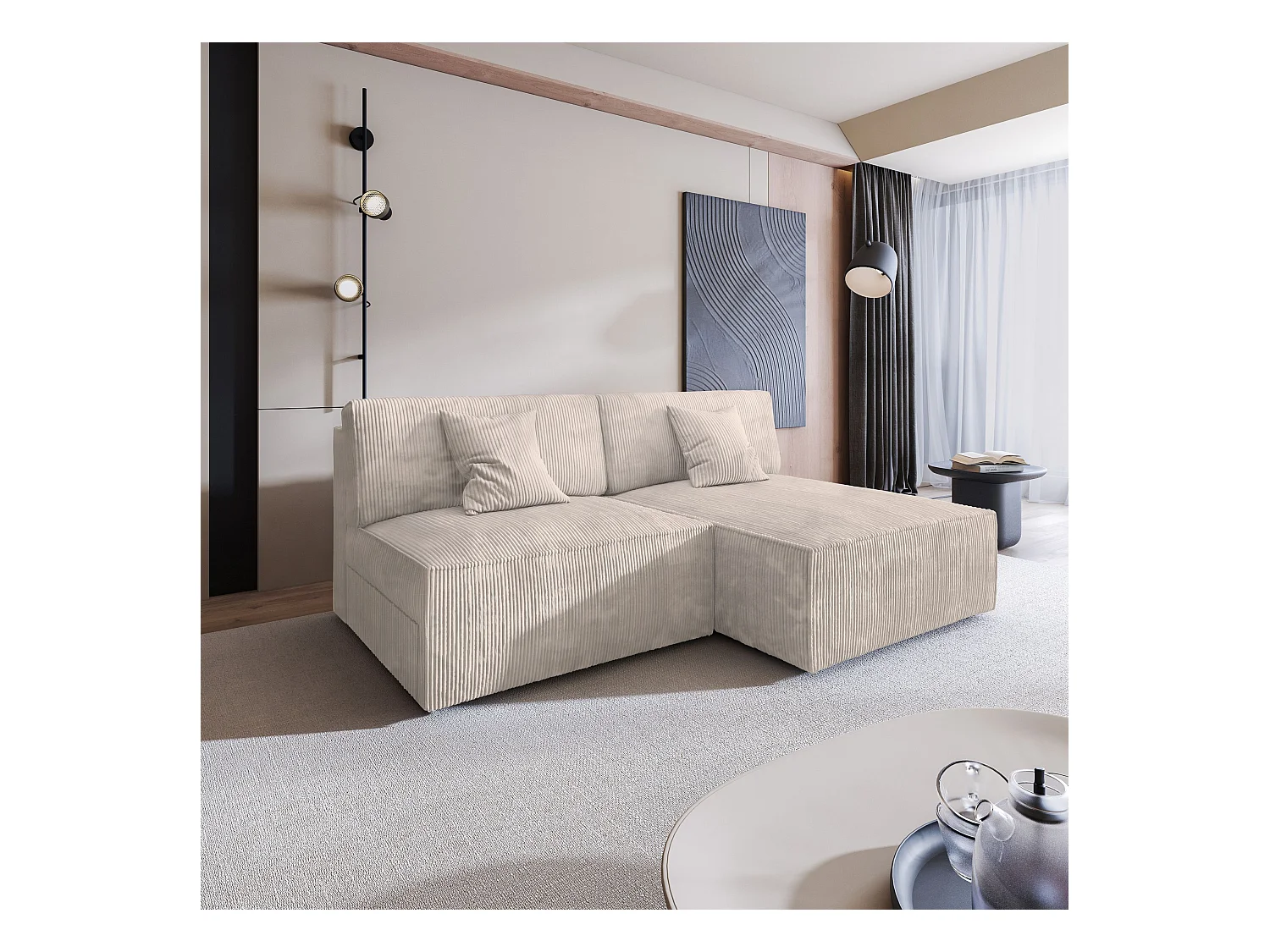 Canapé d'angle FIORO Crème en velours côtelé avec fonction de couchage