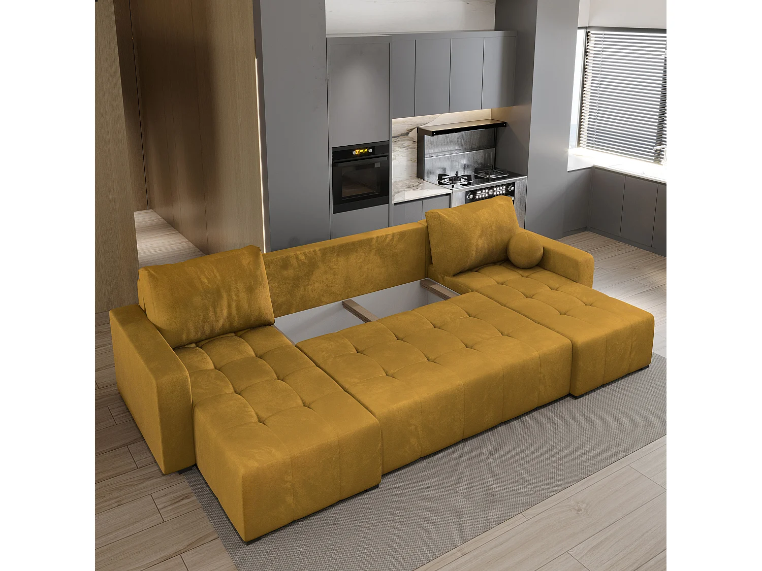 Canapé d'angle TOLARI Jaune en peluche avec fonction de couchage