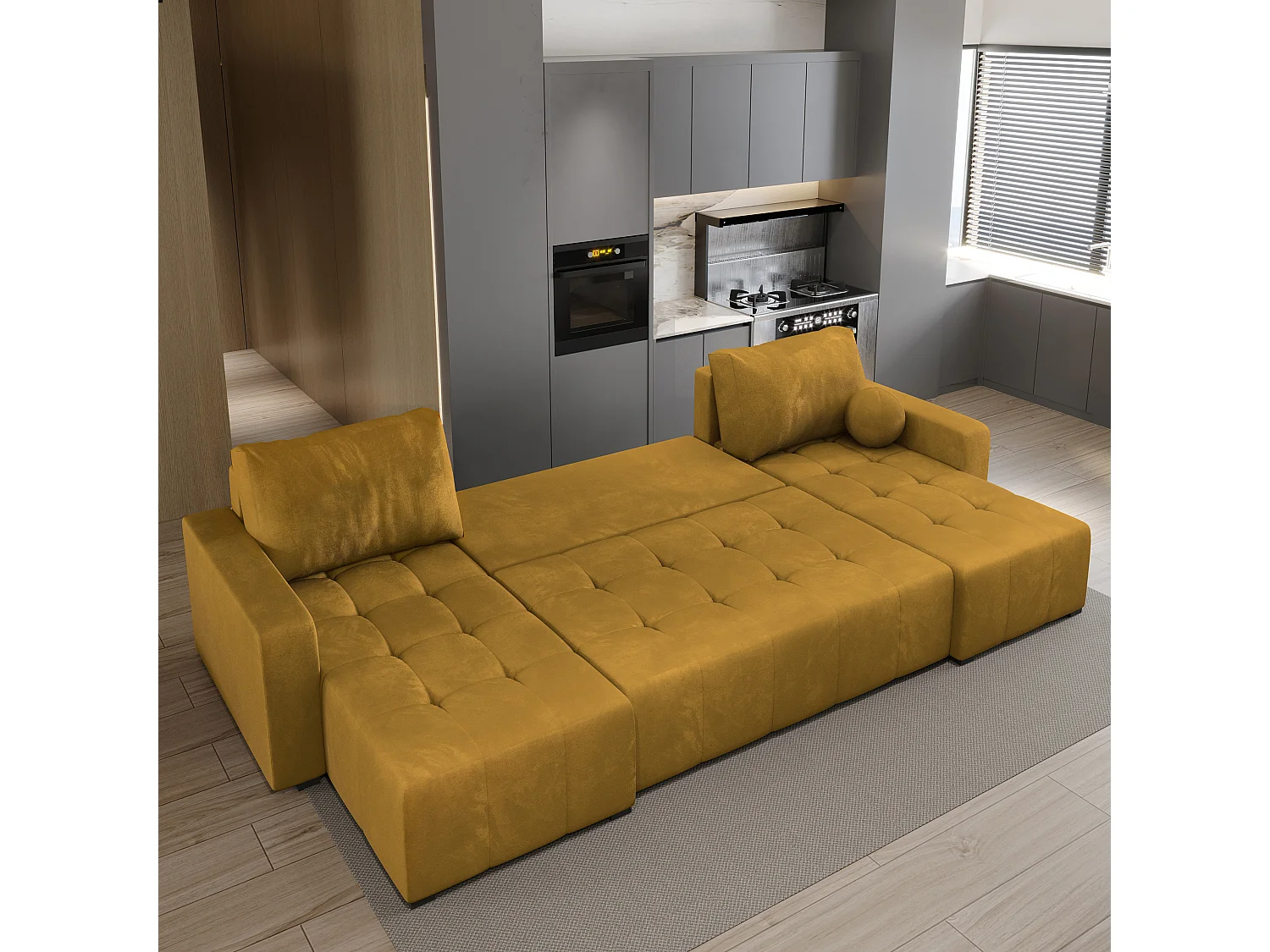 Canapé d'angle TOLARI Jaune en peluche avec fonction de couchage