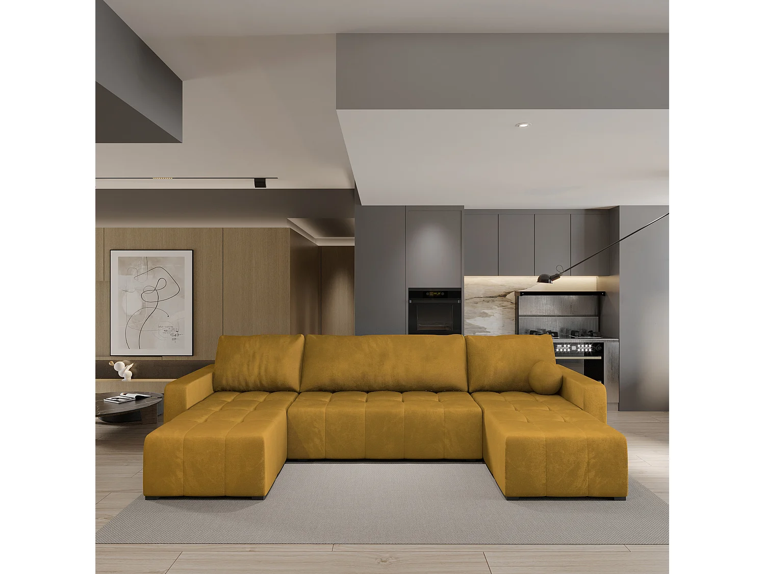 Canapé d'angle TOLARI Jaune en peluche avec fonction de couchage