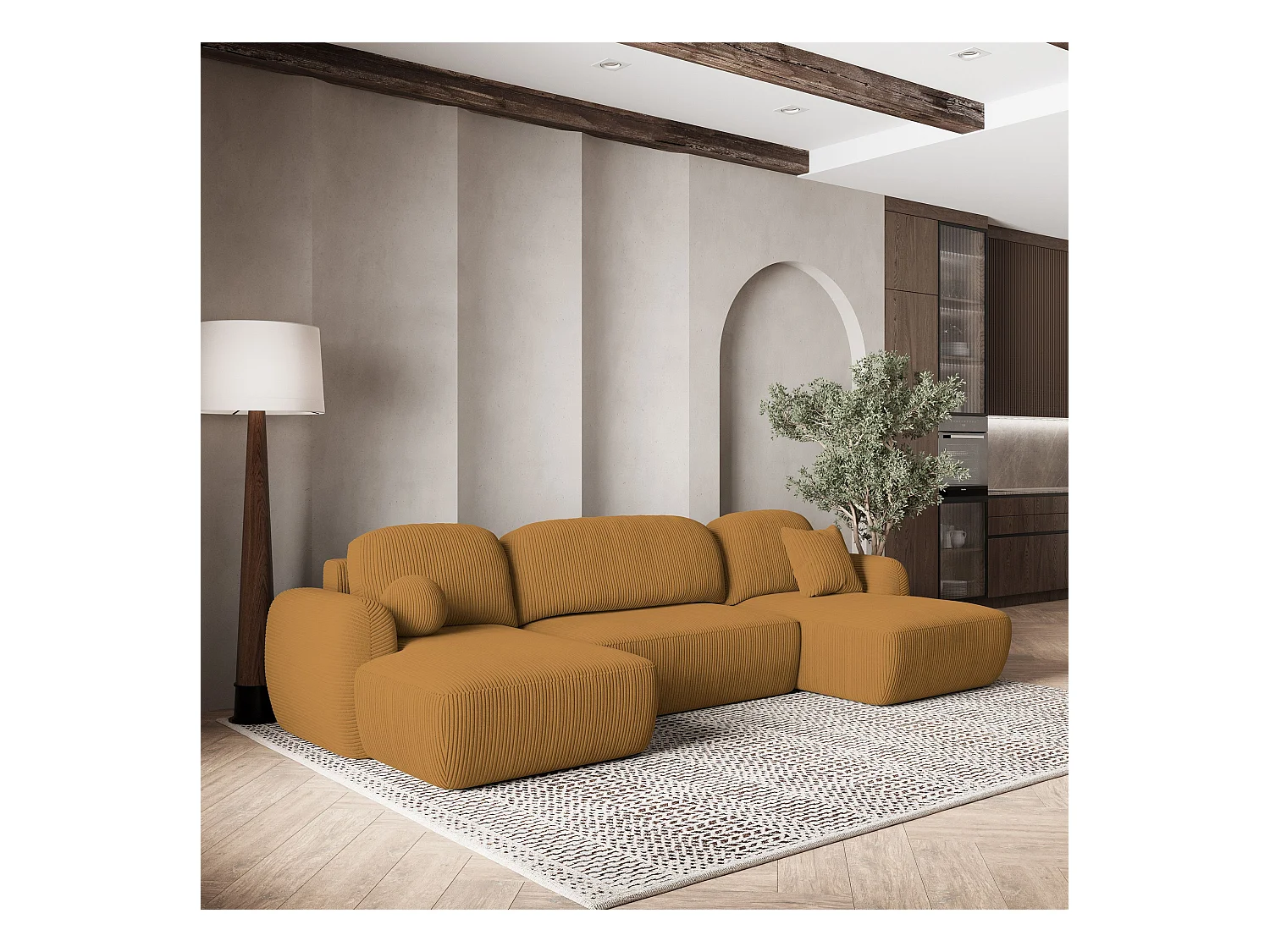 Canapé d'angle SAVONA Jaune en velours côtelé avec fonction de couchage