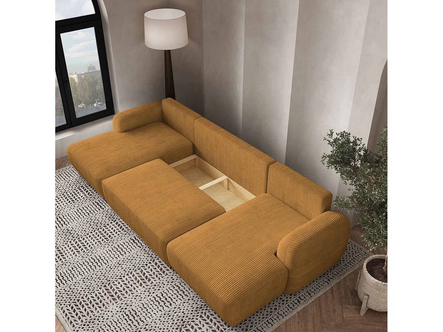 Canapé d'angle SAVONA Jaune en velours côtelé avec fonction de couchage