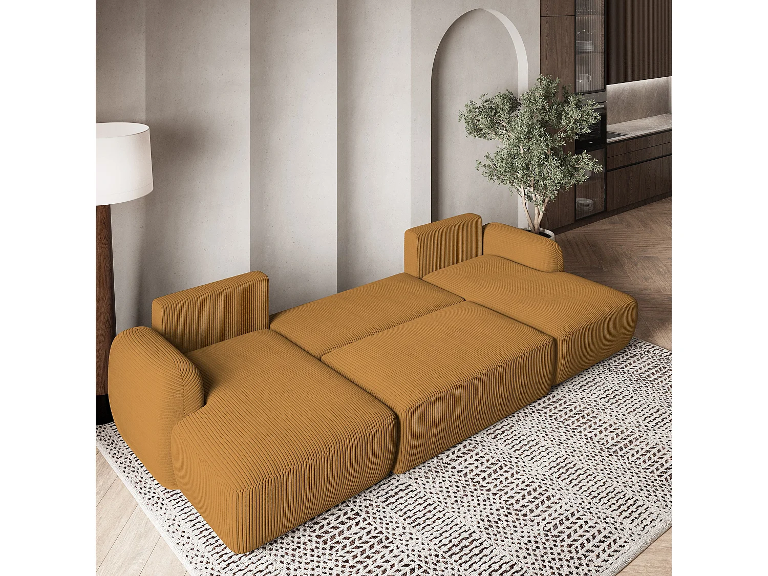 Canapé d'angle SAVONA Jaune en velours côtelé avec fonction de couchage