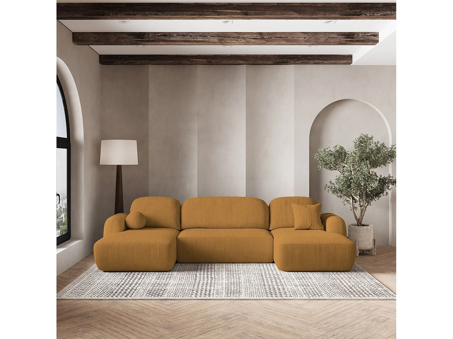 Canapé d'angle SAVONA Jaune en velours côtelé avec fonction de couchage