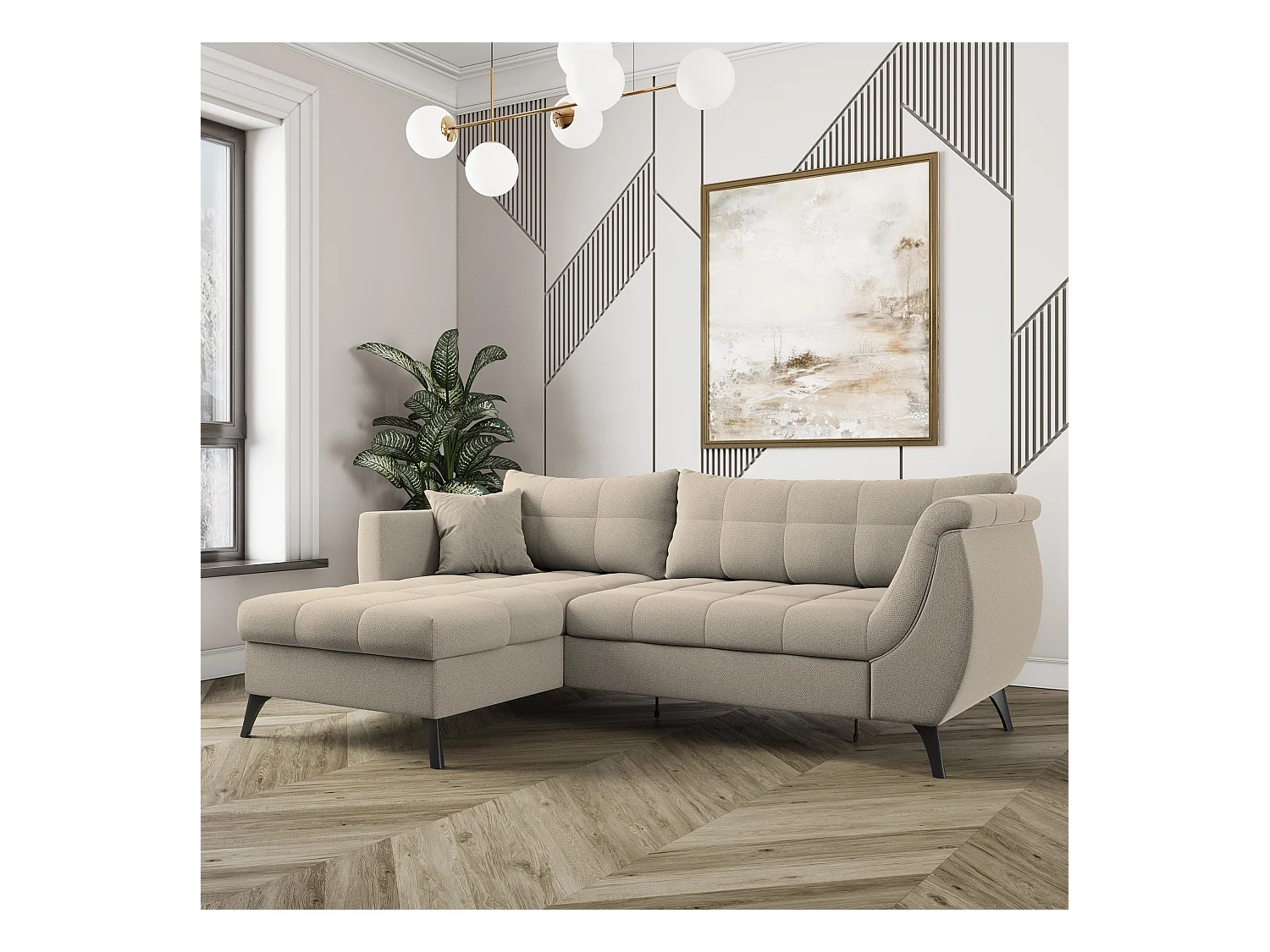 Canapé d'angle MOLLIS Beige en tissu texturé avec fonction de couchage