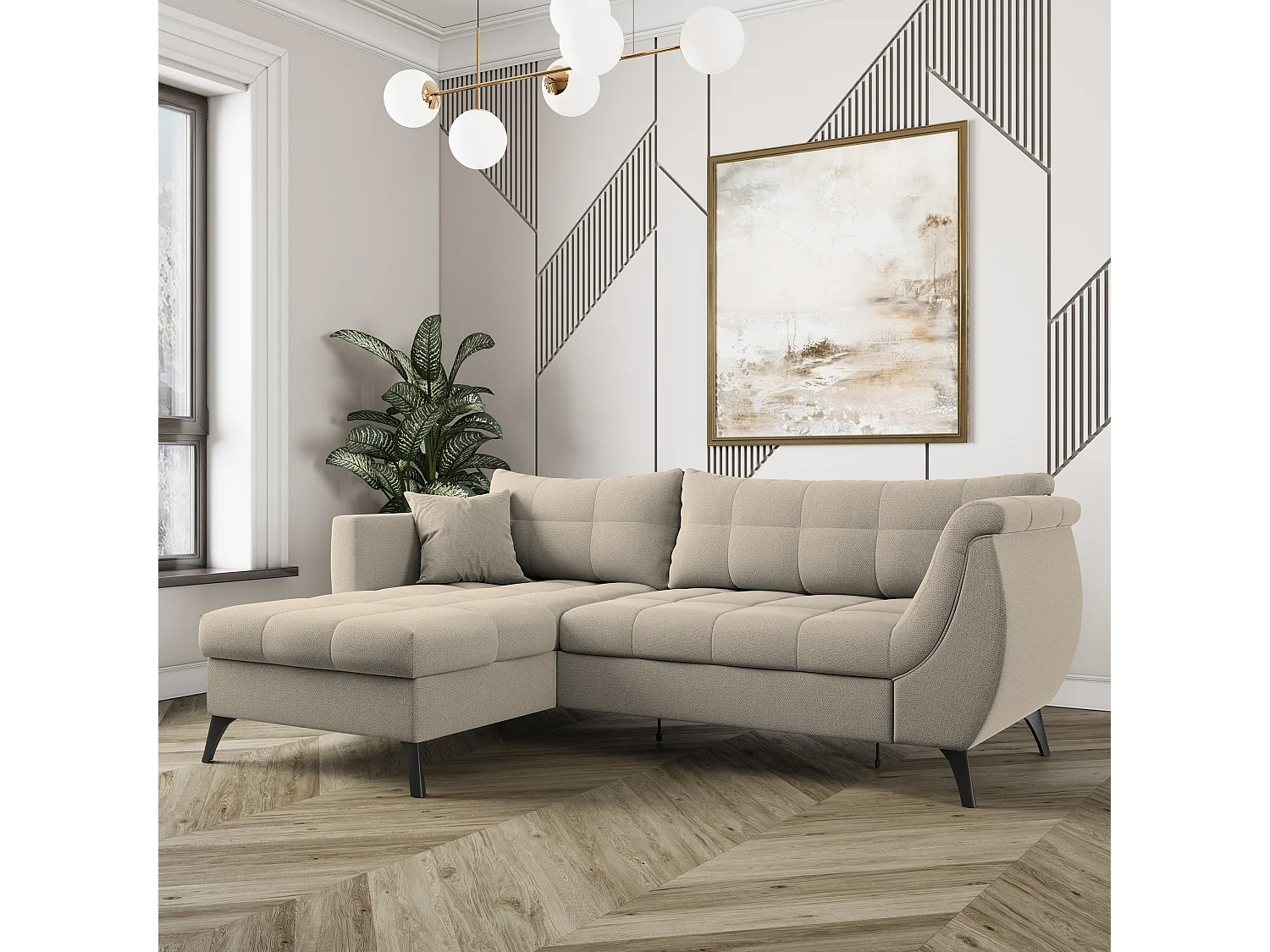 Canapé d'angle MOLLIS Beige en tissu texturé avec fonction de couchage