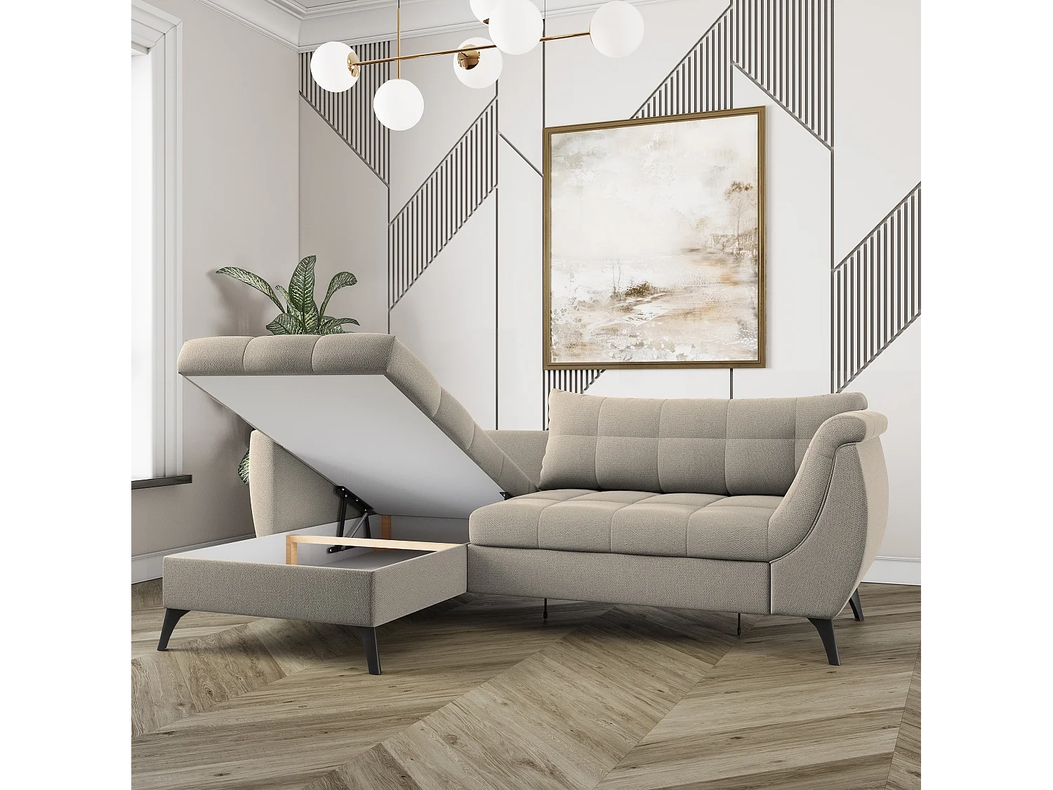 Canapé d'angle MOLLIS Beige en tissu texturé avec fonction de couchage