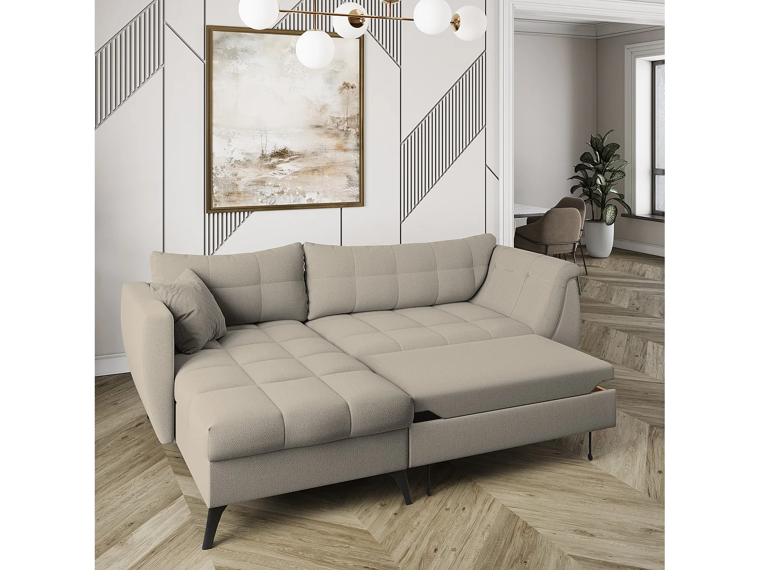 Canapé d'angle MOLLIS Beige en tissu texturé avec fonction de couchage