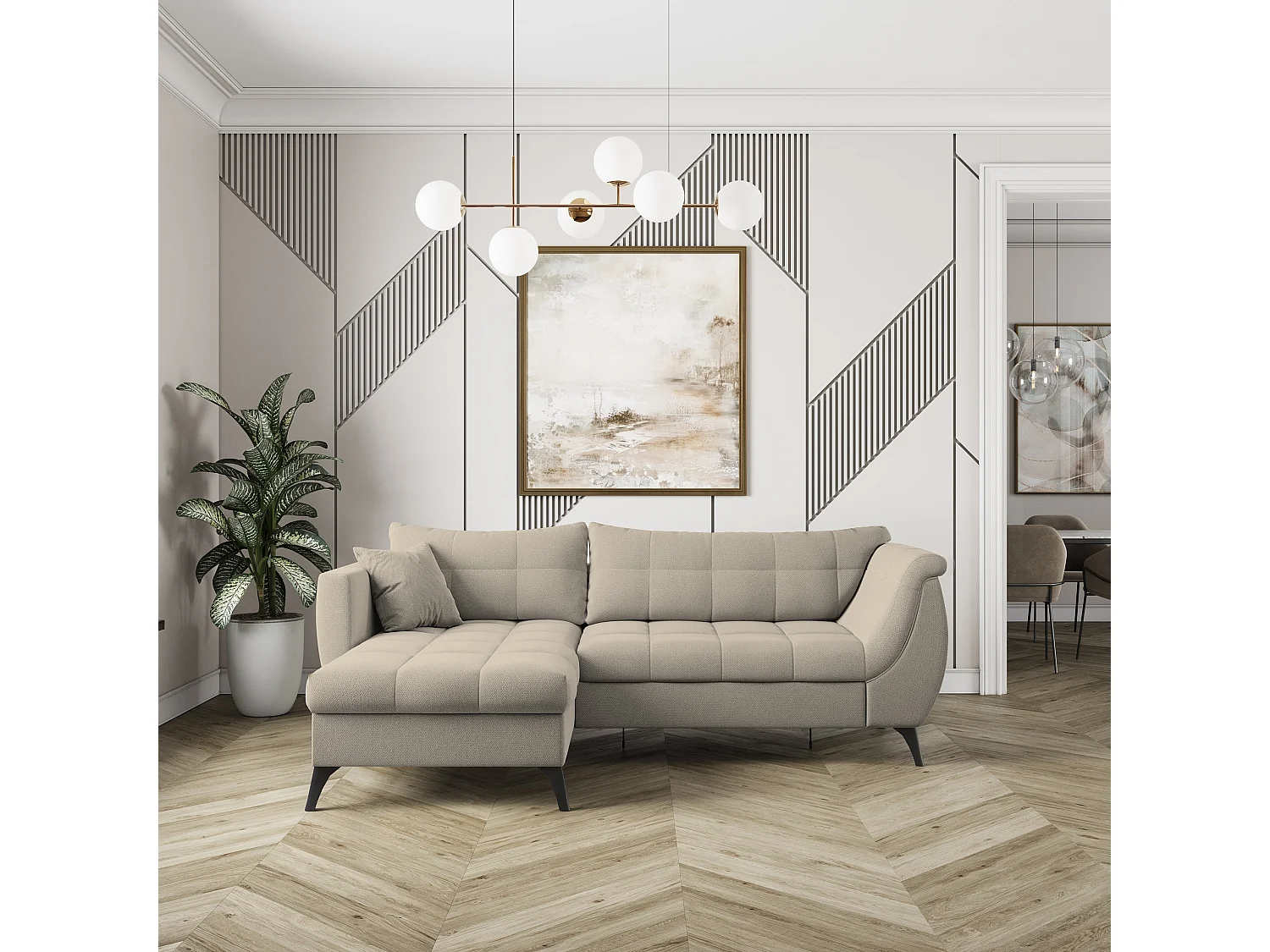 Canapé d'angle MOLLIS Beige en tissu texturé avec fonction de couchage