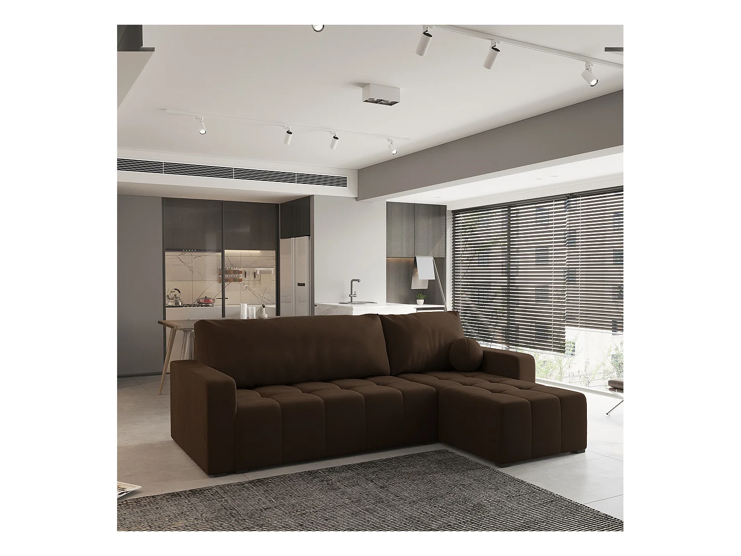 Canapé d'angle VOLIRA Marron en peluche avec fonction de couchage