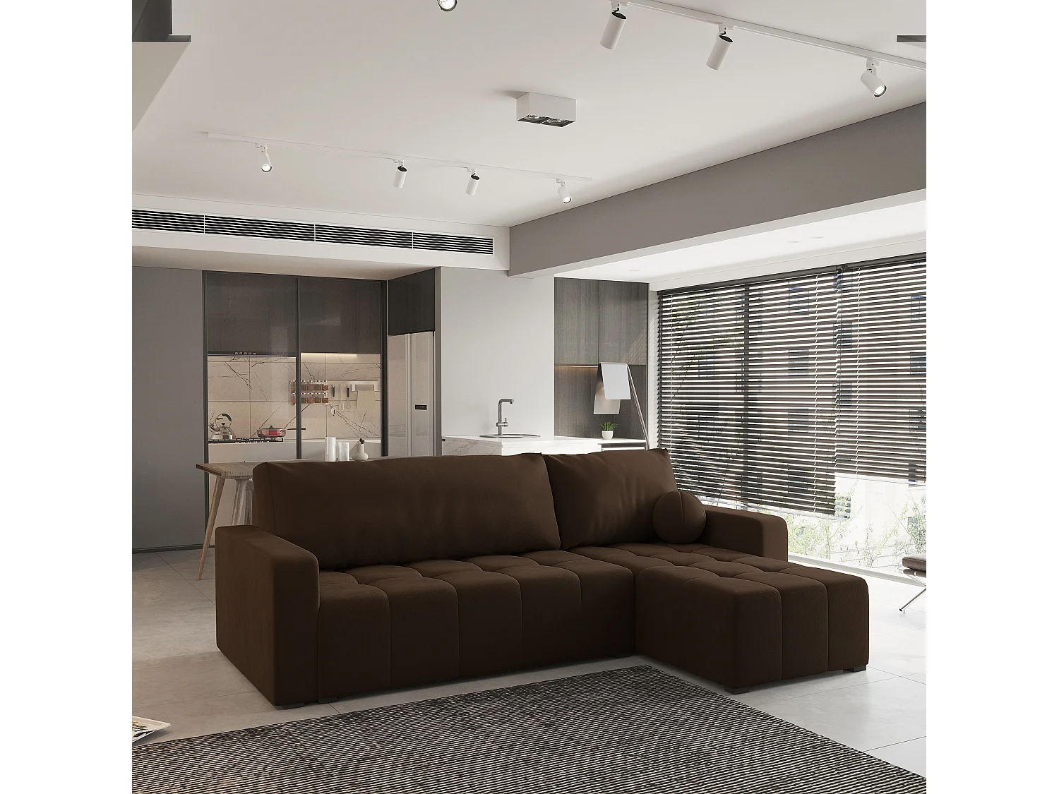 Canapé d'angle VOLIRA Marron en peluche avec fonction de couchage