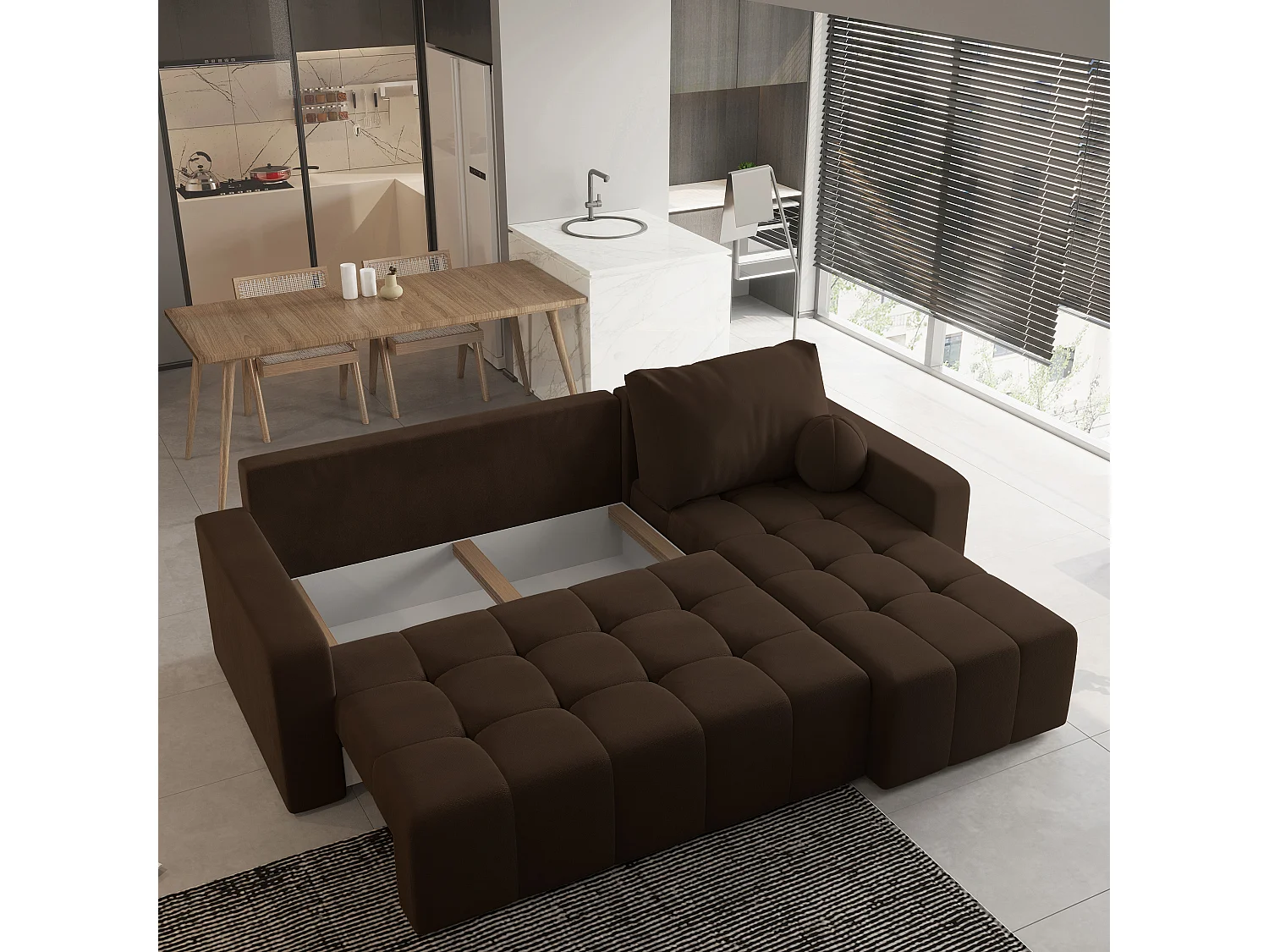 Canapé d'angle VOLIRA Marron en peluche avec fonction de couchage