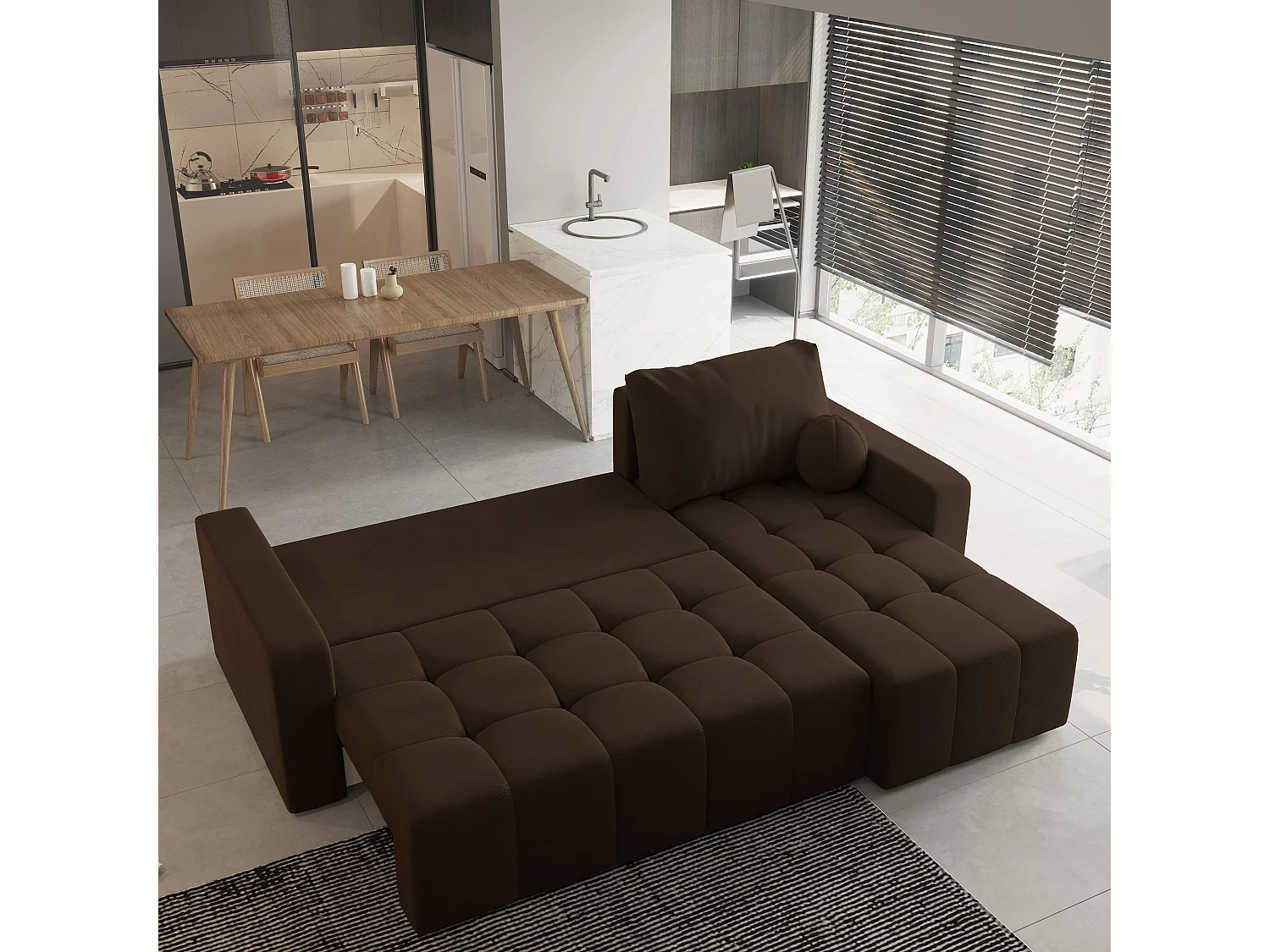 Canapé d'angle VOLIRA Marron en peluche avec fonction de couchage