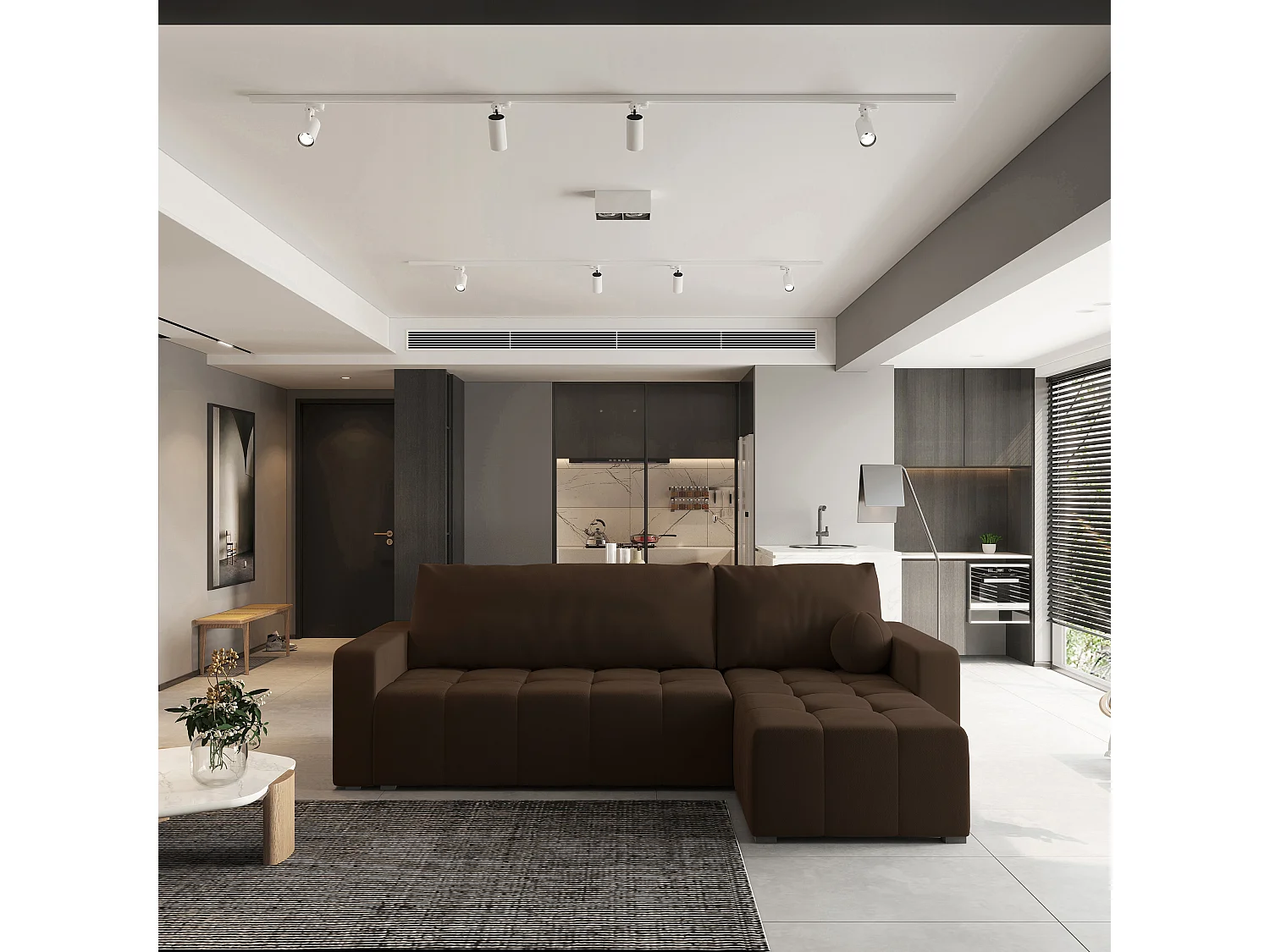 Canapé d'angle VOLIRA Marron en peluche avec fonction de couchage