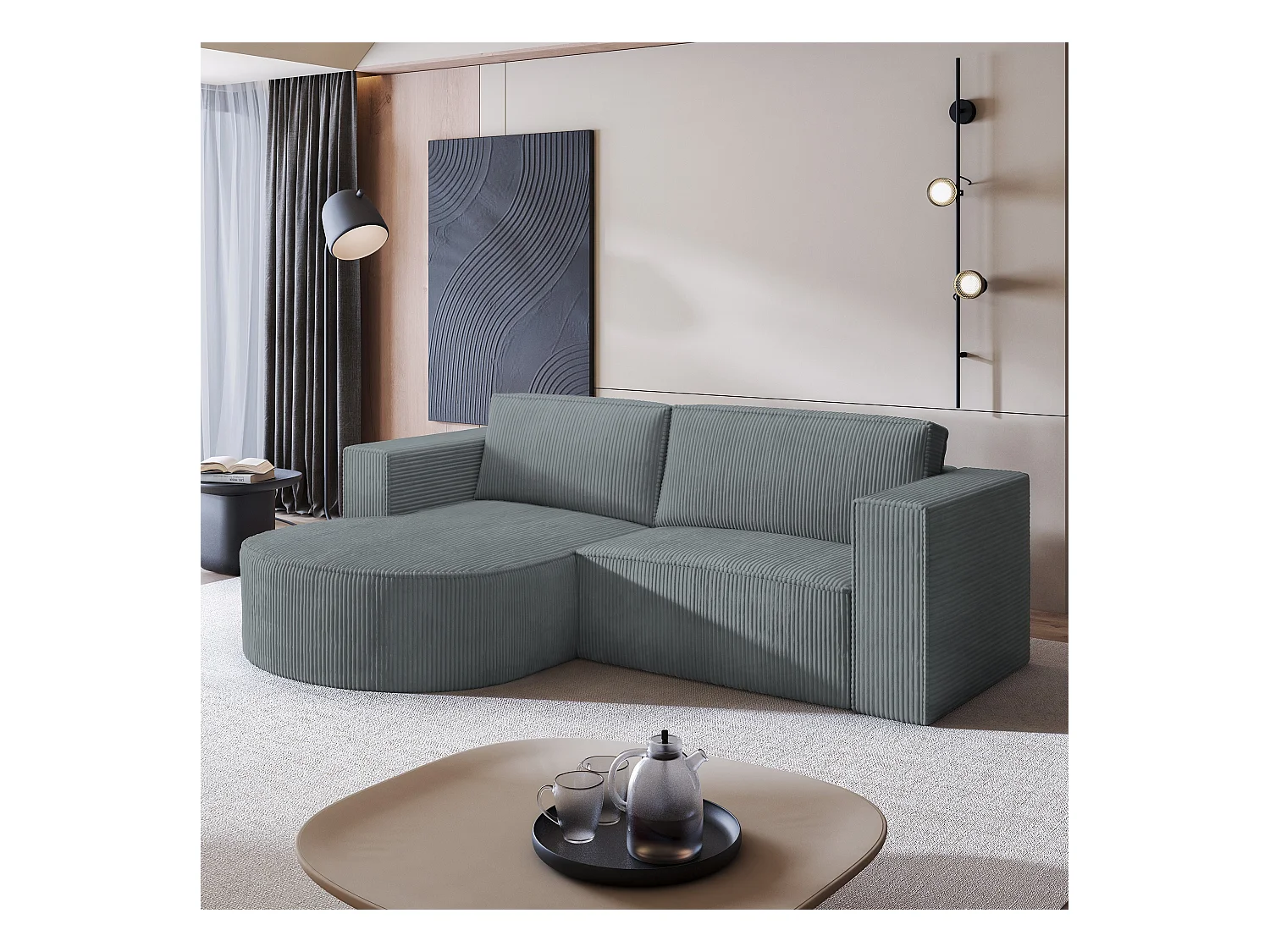 Canapé d'angle SORELA Gris en velours côtelé avec fonction de couchage