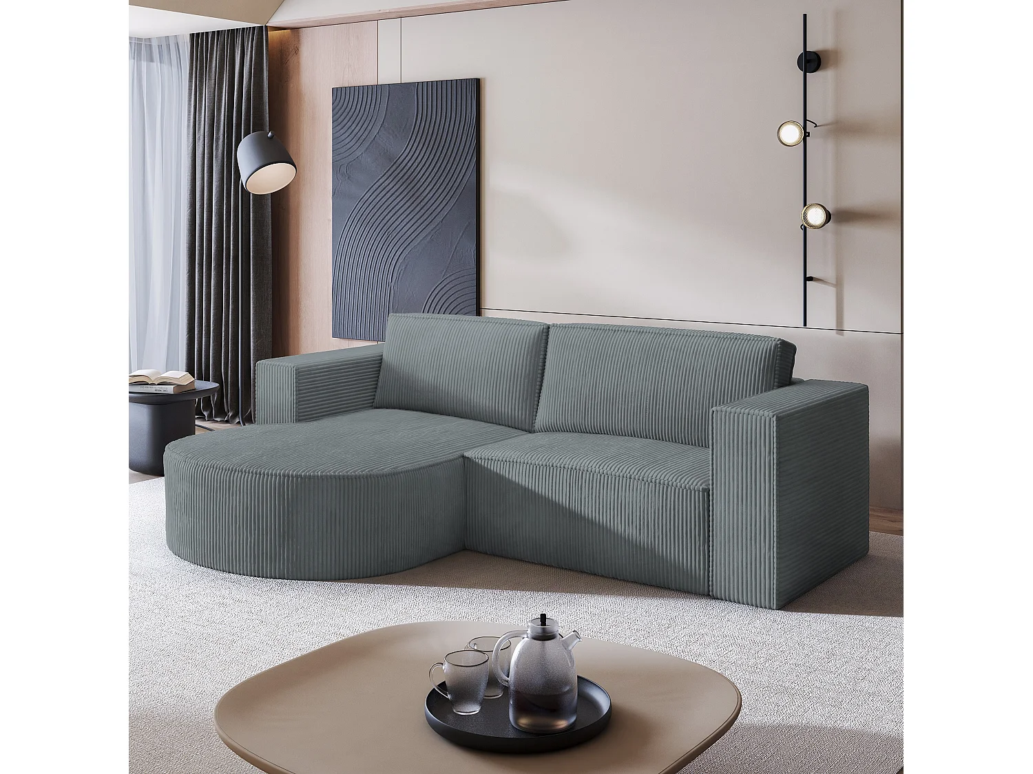 Canapé d'angle SORELA Gris en velours côtelé avec fonction de couchage