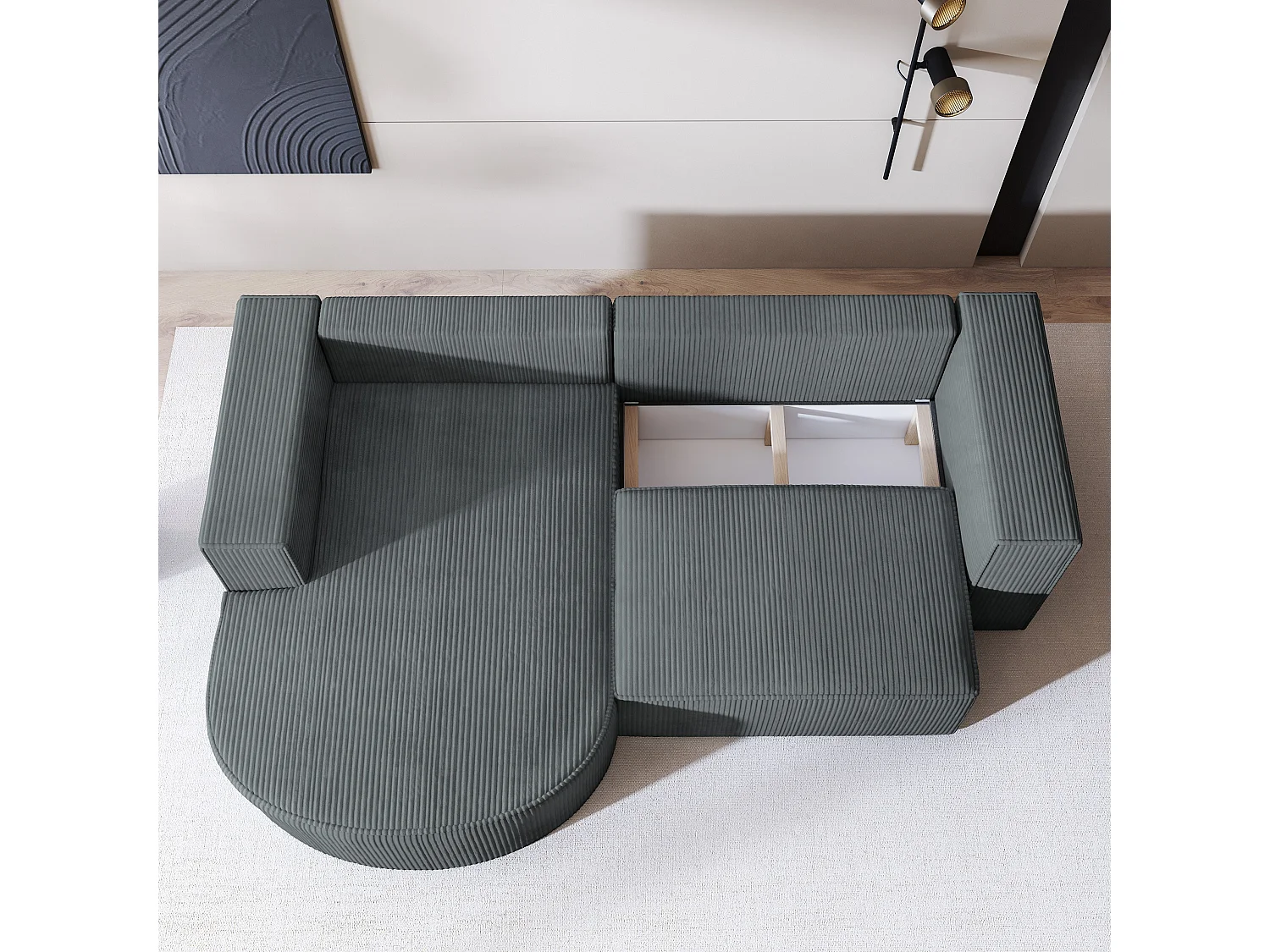 Canapé d'angle SORELA Gris en velours côtelé avec fonction de couchage