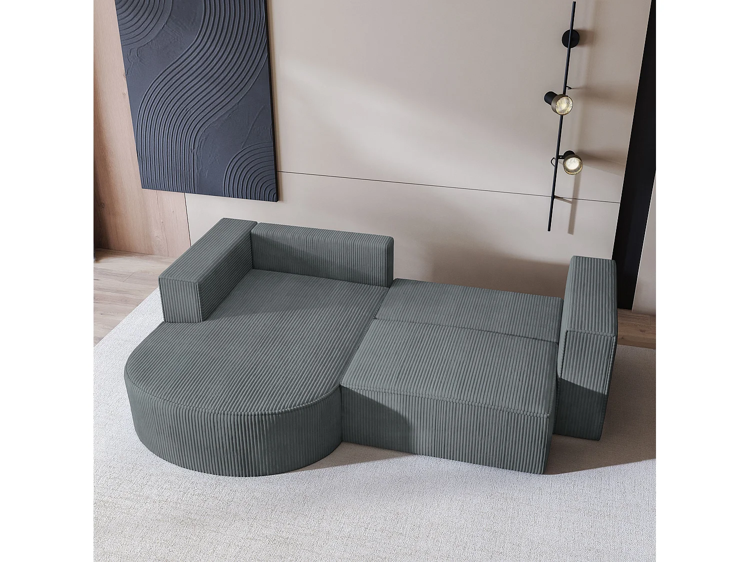 Canapé d'angle SORELA Gris en velours côtelé avec fonction de couchage