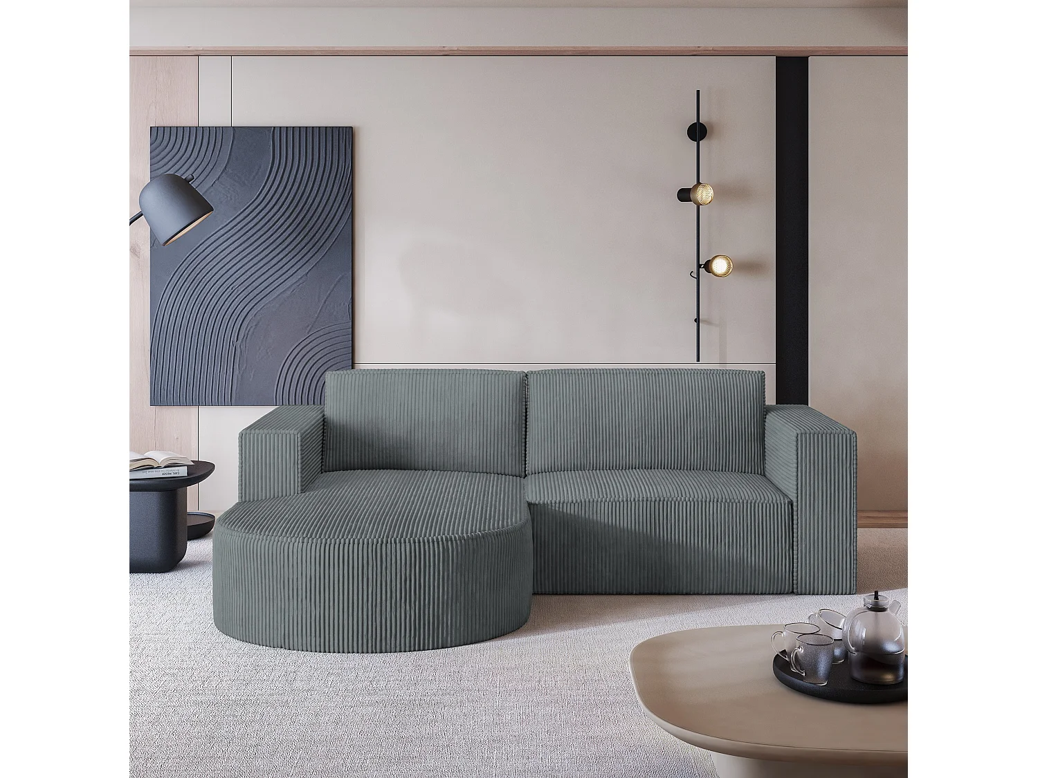 Canapé d'angle SORELA Gris en velours côtelé avec fonction de couchage