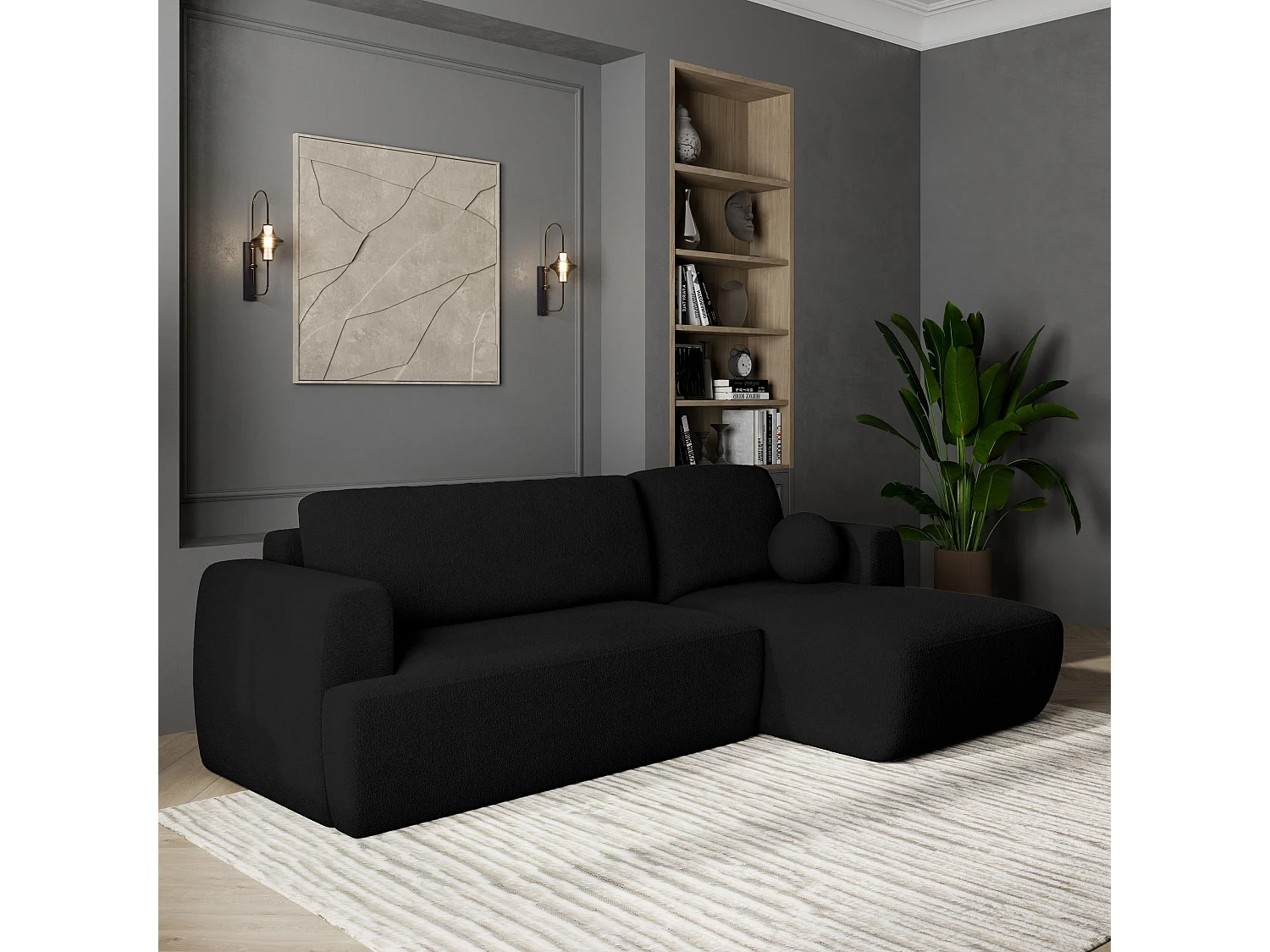 Canapé d'angle SENTI Noir en bouclé avec fonction de couchage