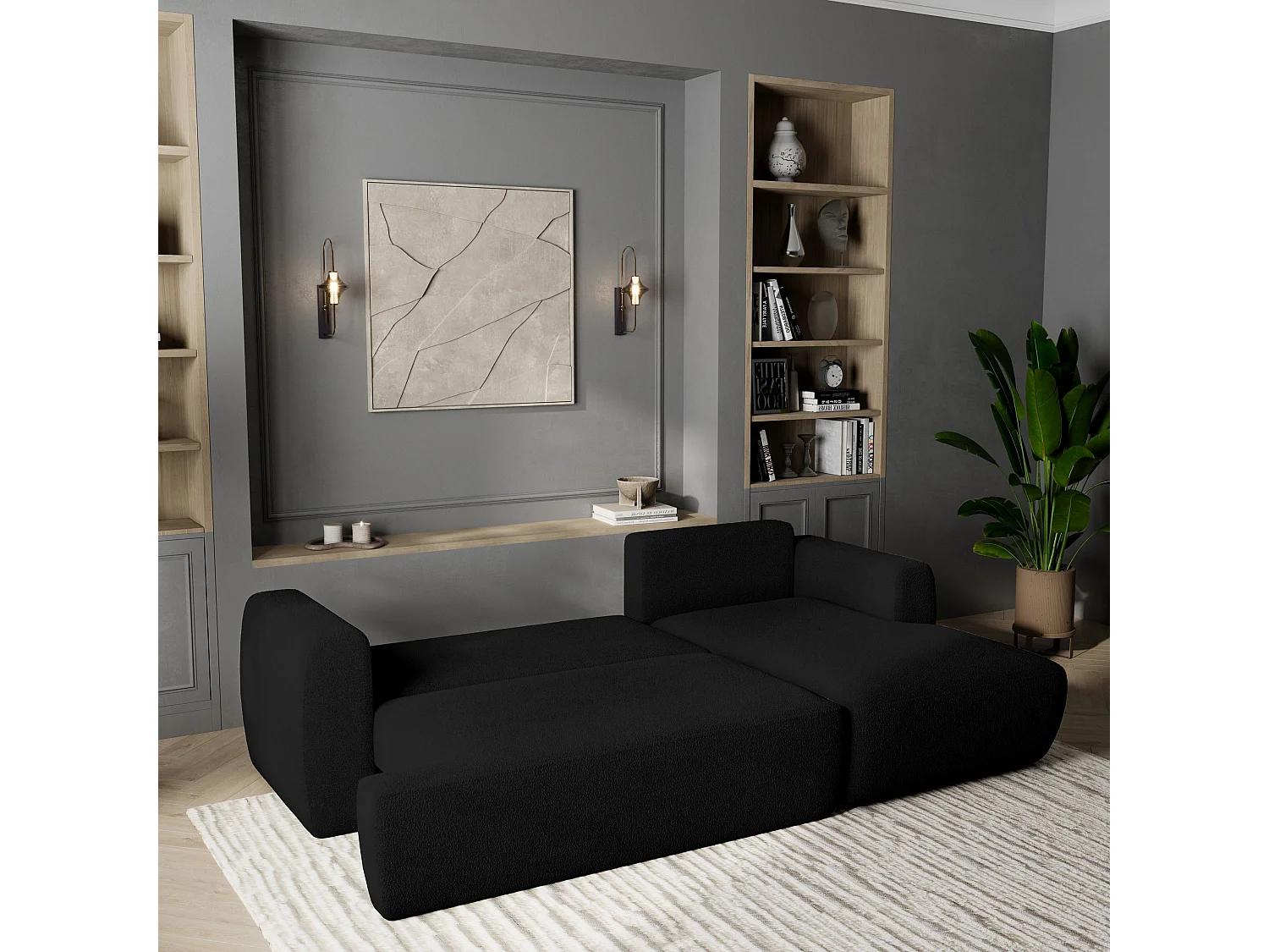 Canapé d'angle SENTI Noir en bouclé avec fonction de couchage