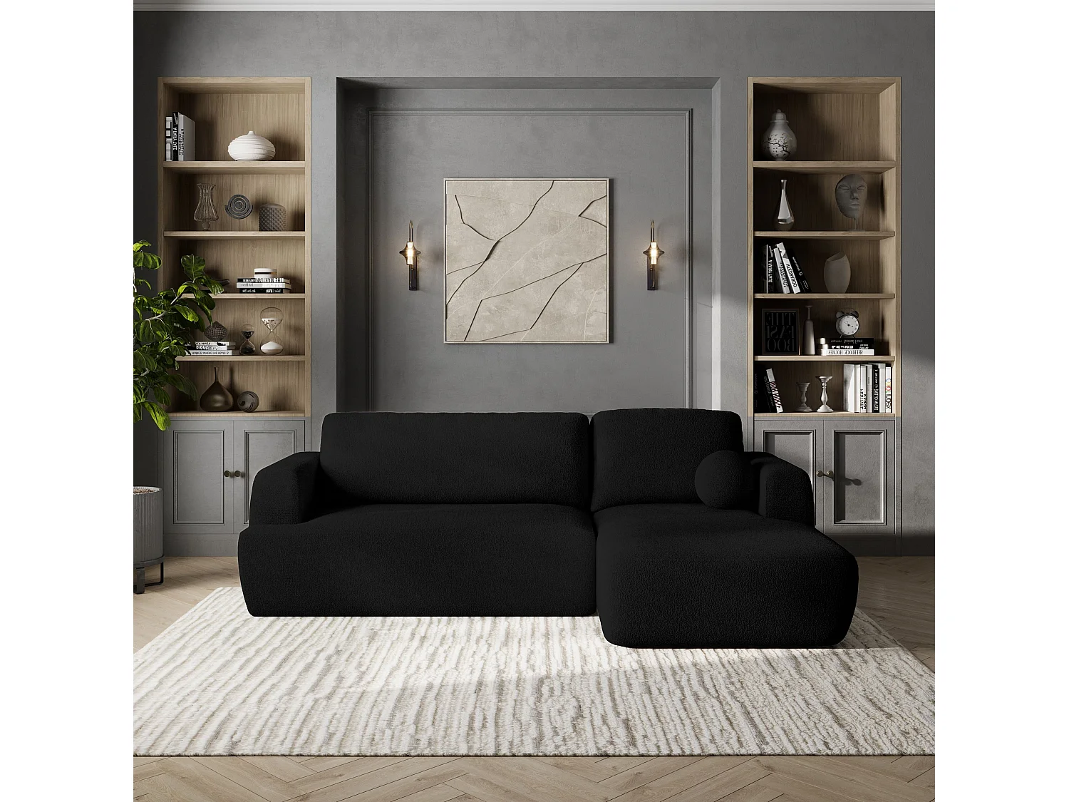 Canapé d'angle SENTI Noir en bouclé avec fonction de couchage