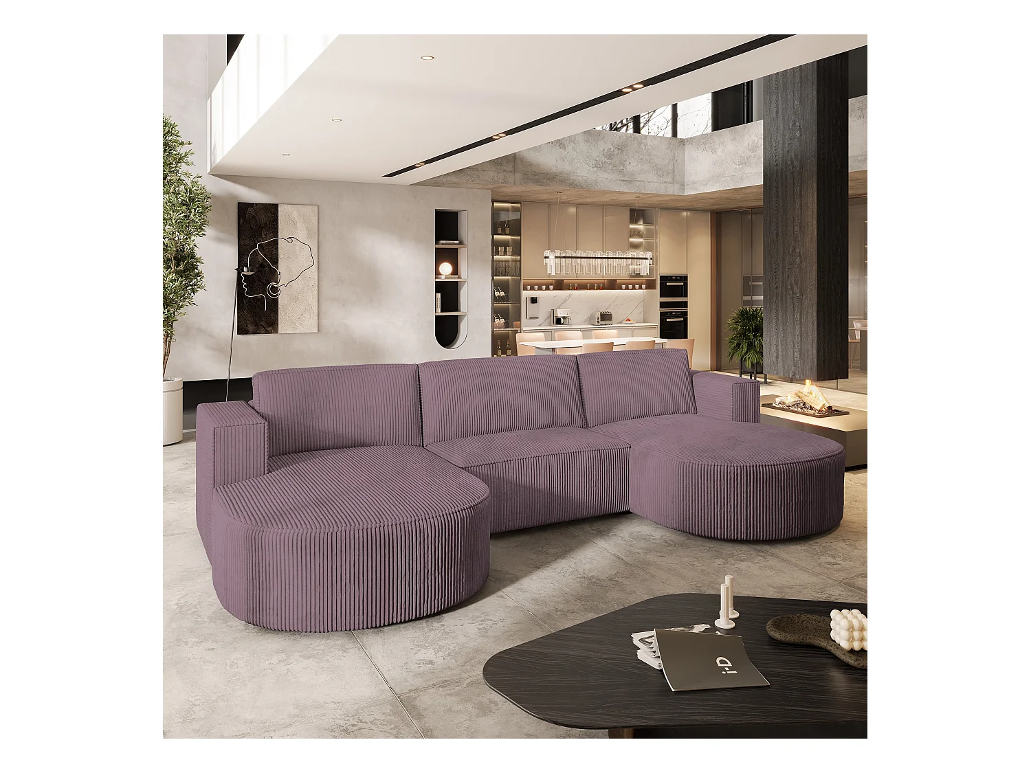 Canapé d'angle VEZZO Parme en velours côtelé avec fonction de couchage