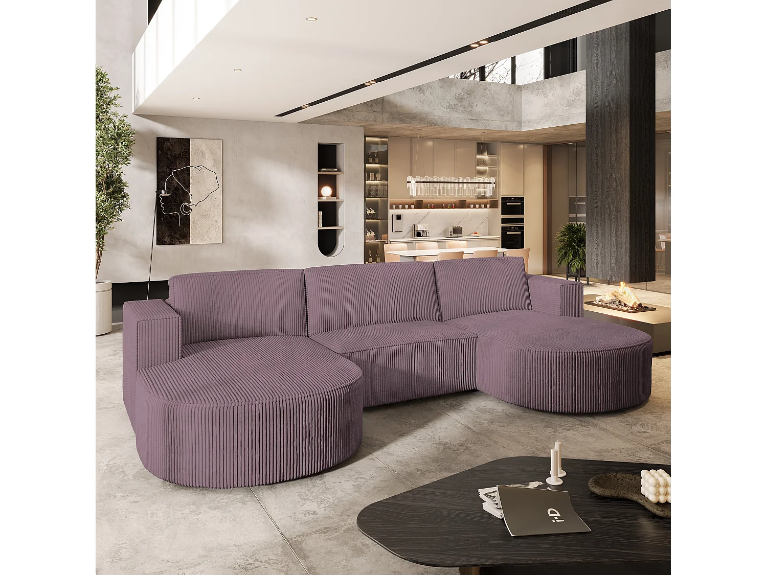 Canapé d'angle VEZZO Parme en velours côtelé avec fonction de couchage