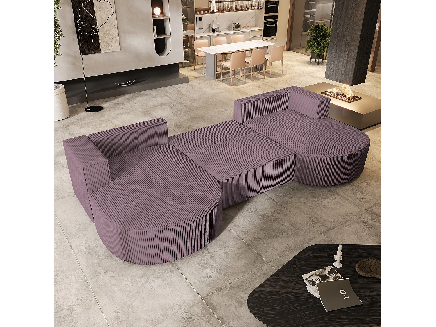 Canapé d'angle VEZZO Parme en velours côtelé avec fonction de couchage