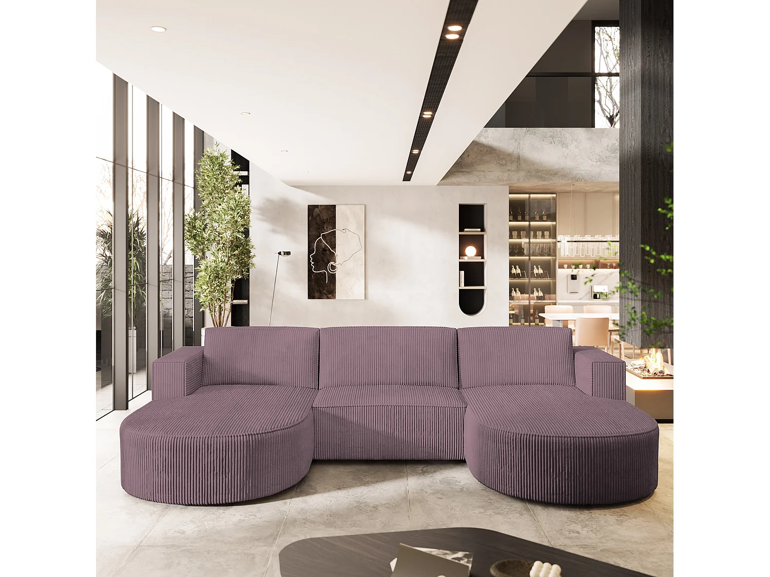 Canapé d'angle VEZZO Parme en velours côtelé avec fonction de couchage