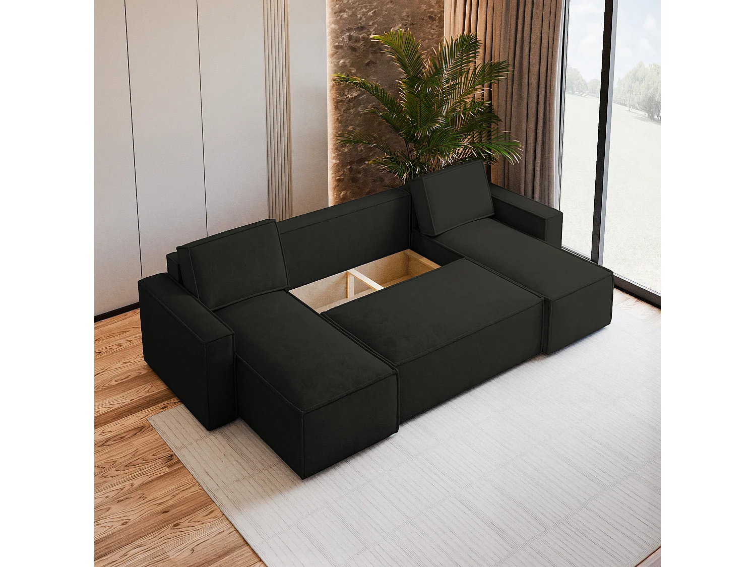 Canapé d'angle PESANO Noir en velours avec fonction de couchage