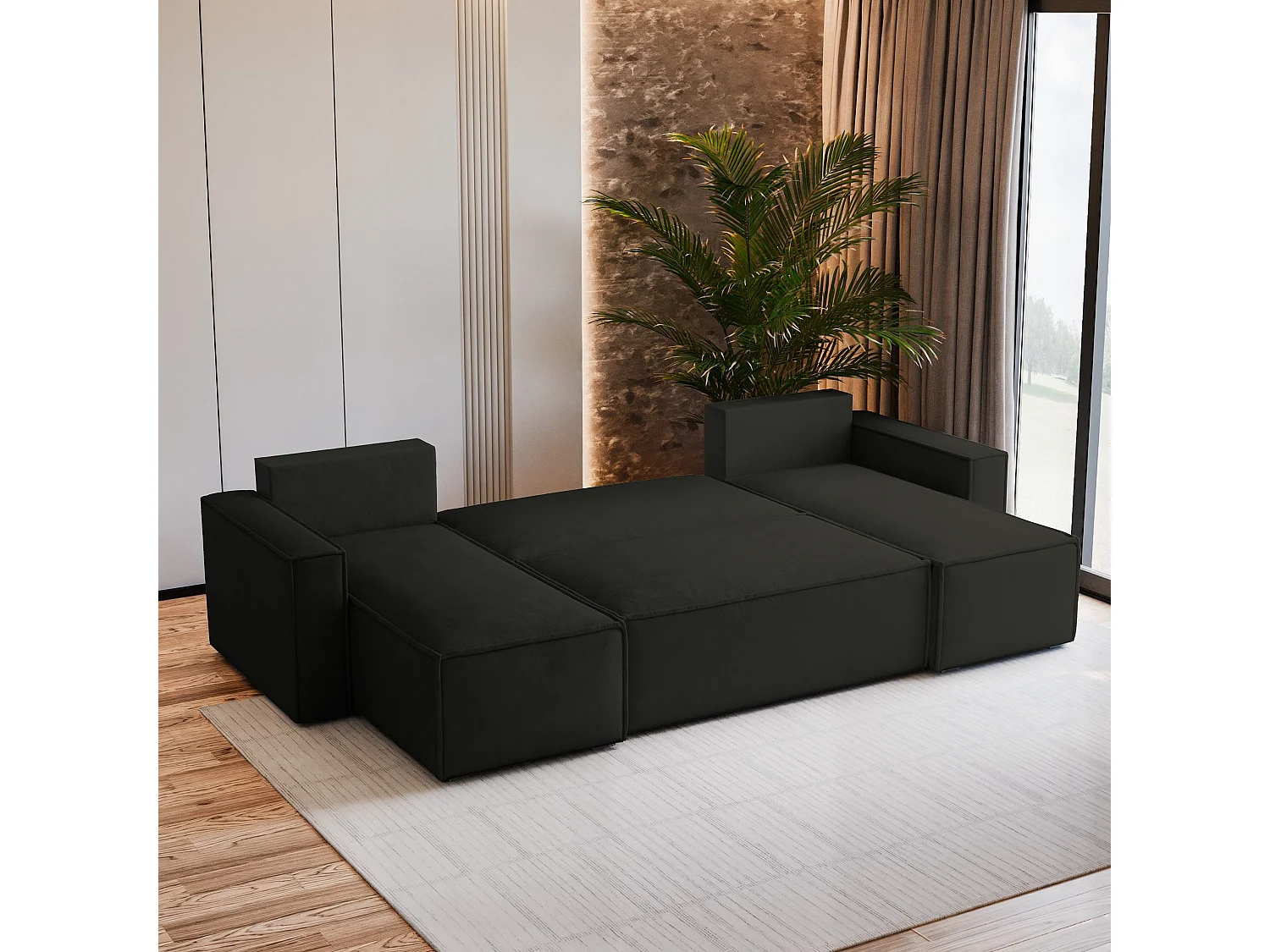 Canapé d'angle PESANO Noir en velours avec fonction de couchage