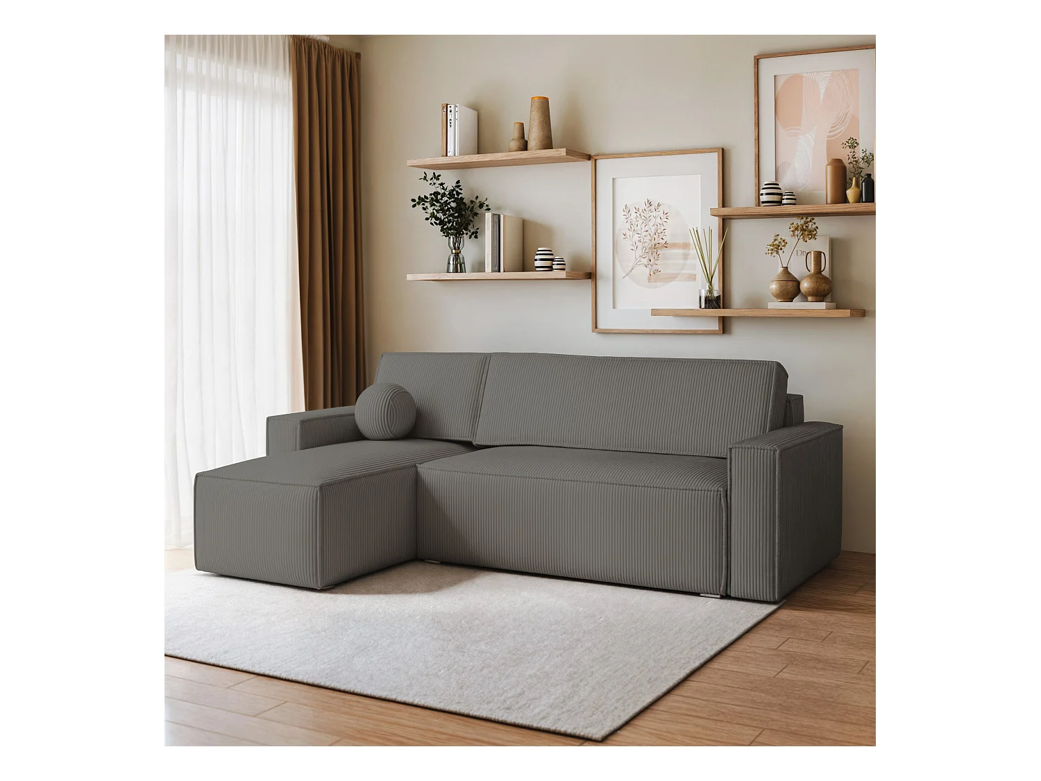 Canapé d'angle RAVELO Gris en velours côtelé avec fonction de couchage