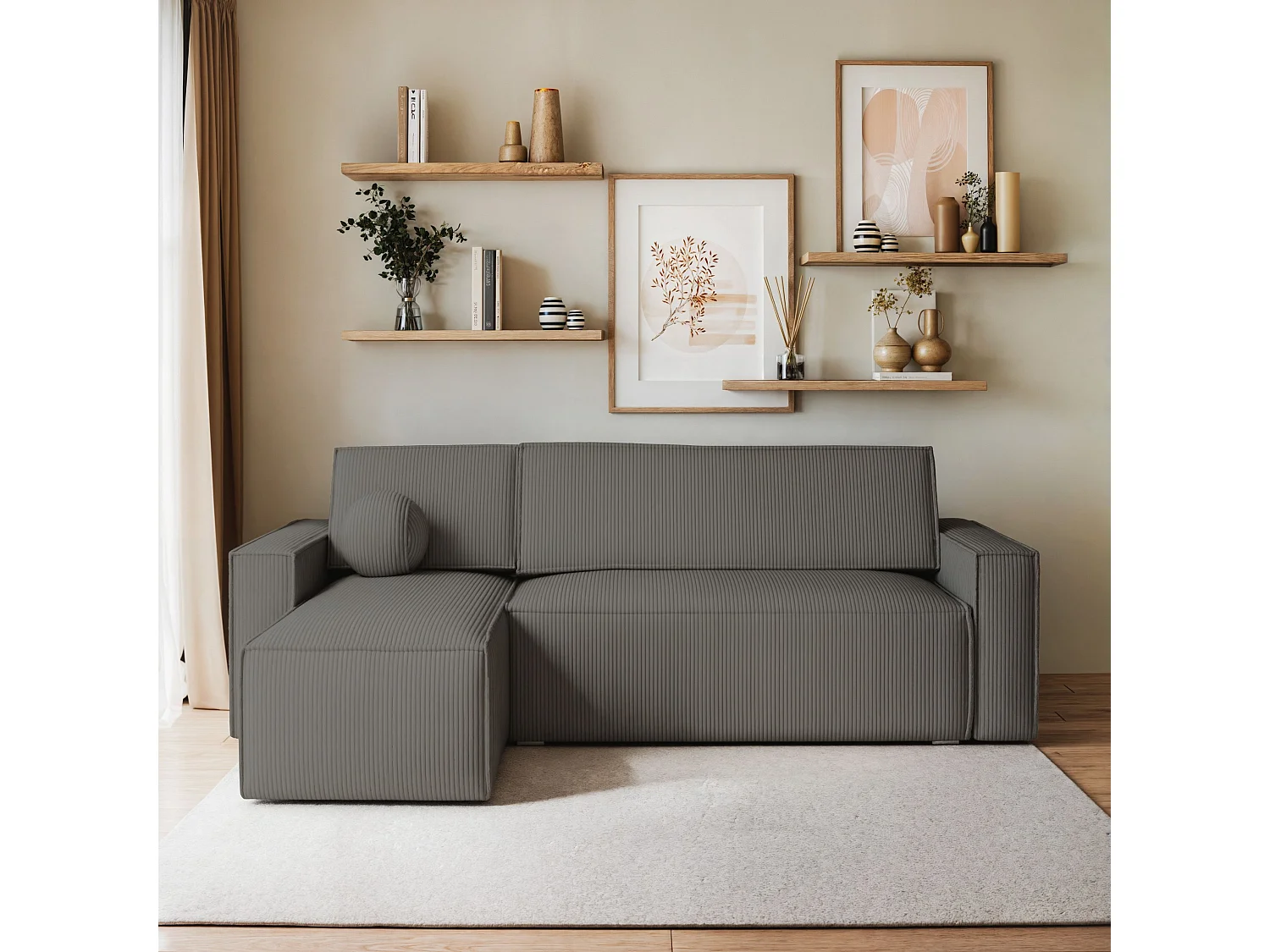 Canapé d'angle RAVELO Gris en velours côtelé avec fonction de couchage
