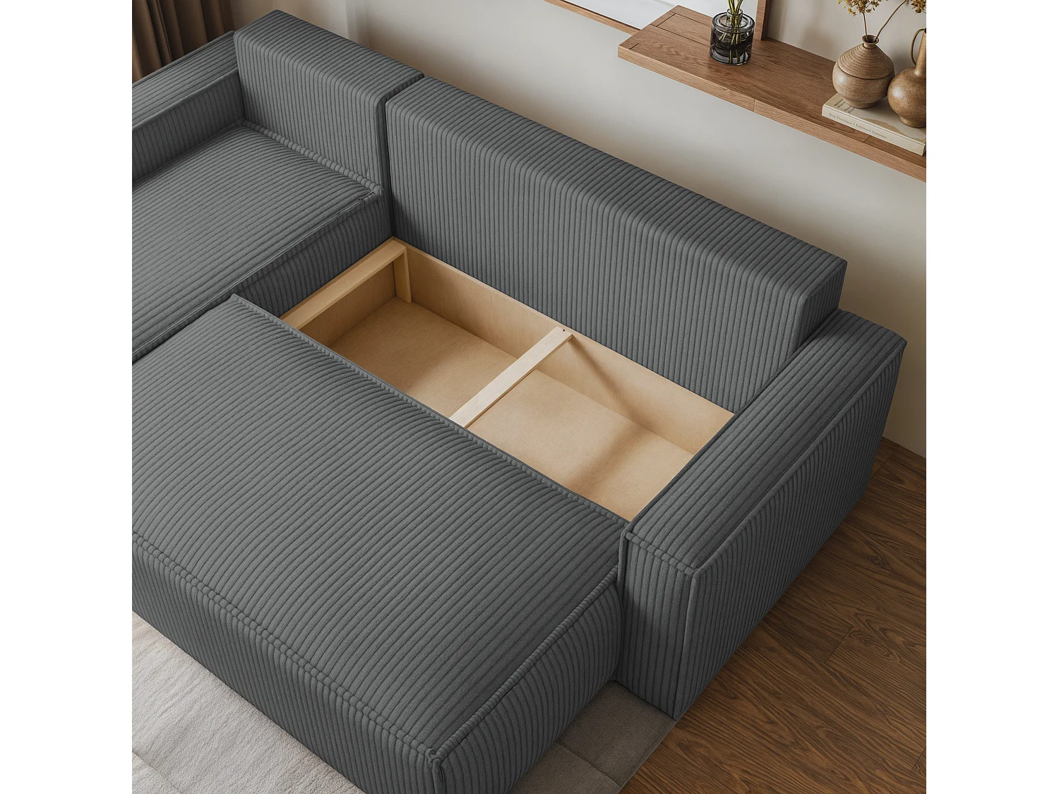 Hoekbank RAVELO van fluweel met slaapfunctie Grau