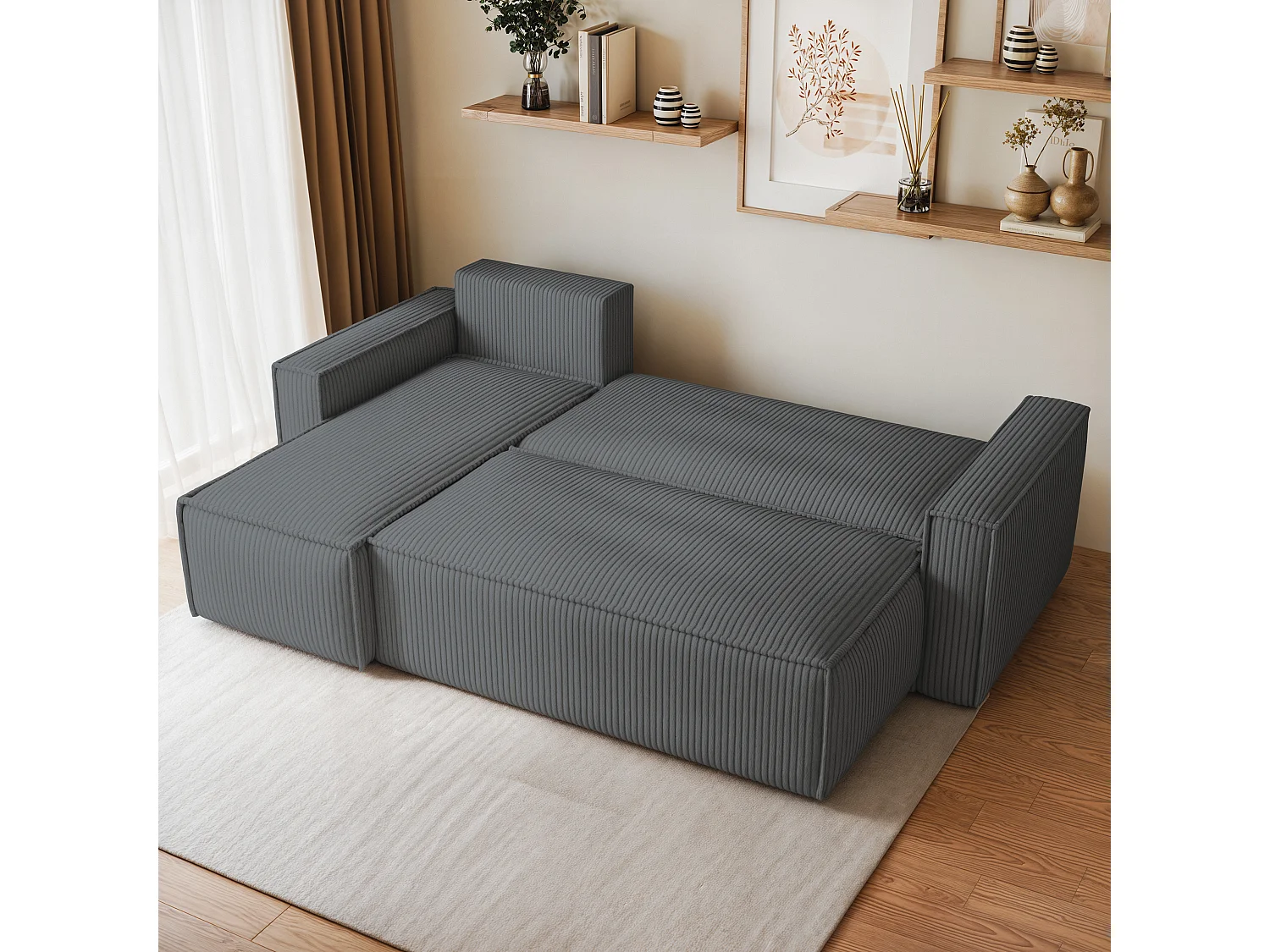 Hoekbank RAVELO van fluweel met slaapfunctie Grau