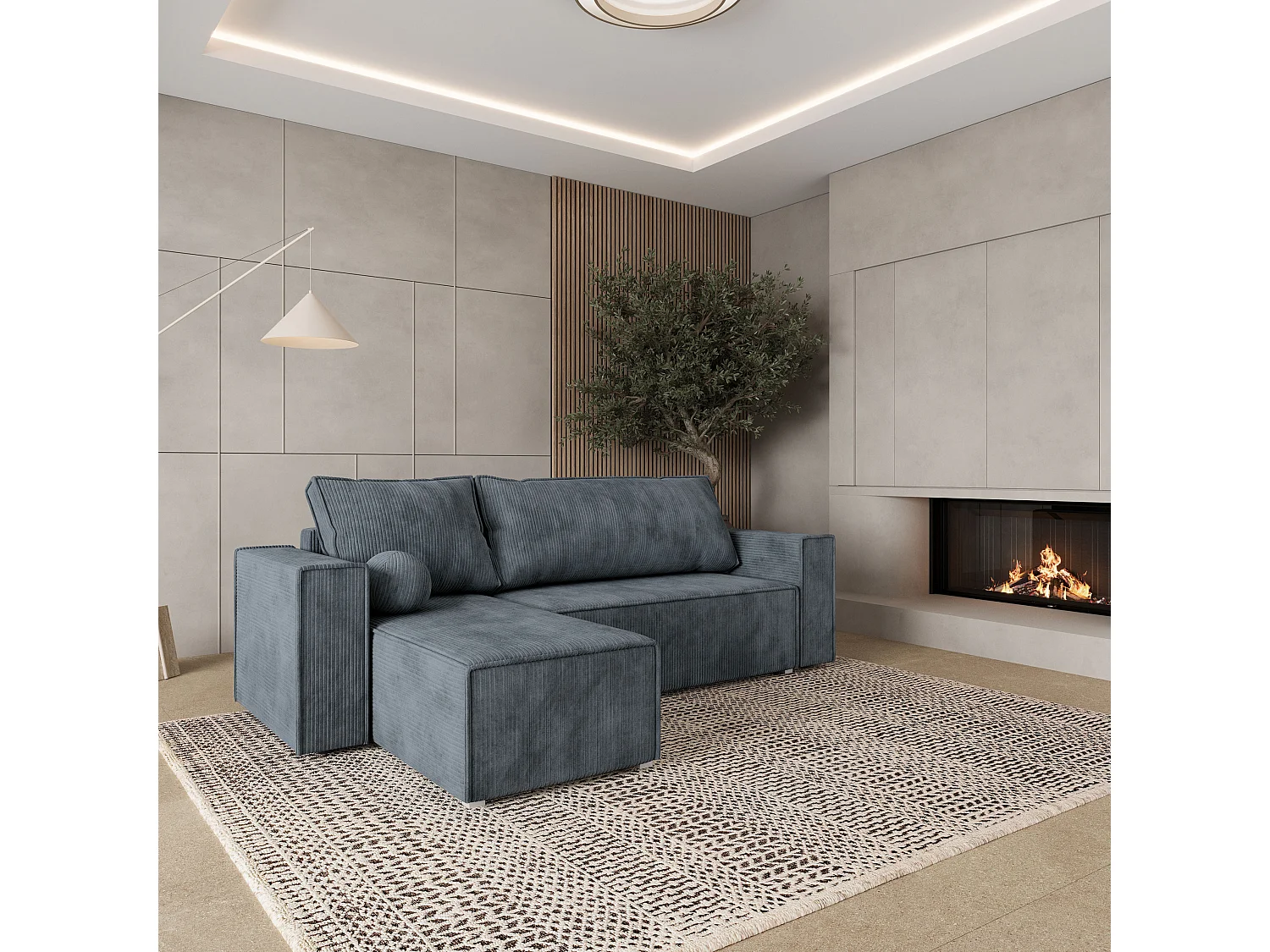 Hoekbank RAVELO van fluweel met slaapfunctie Grau