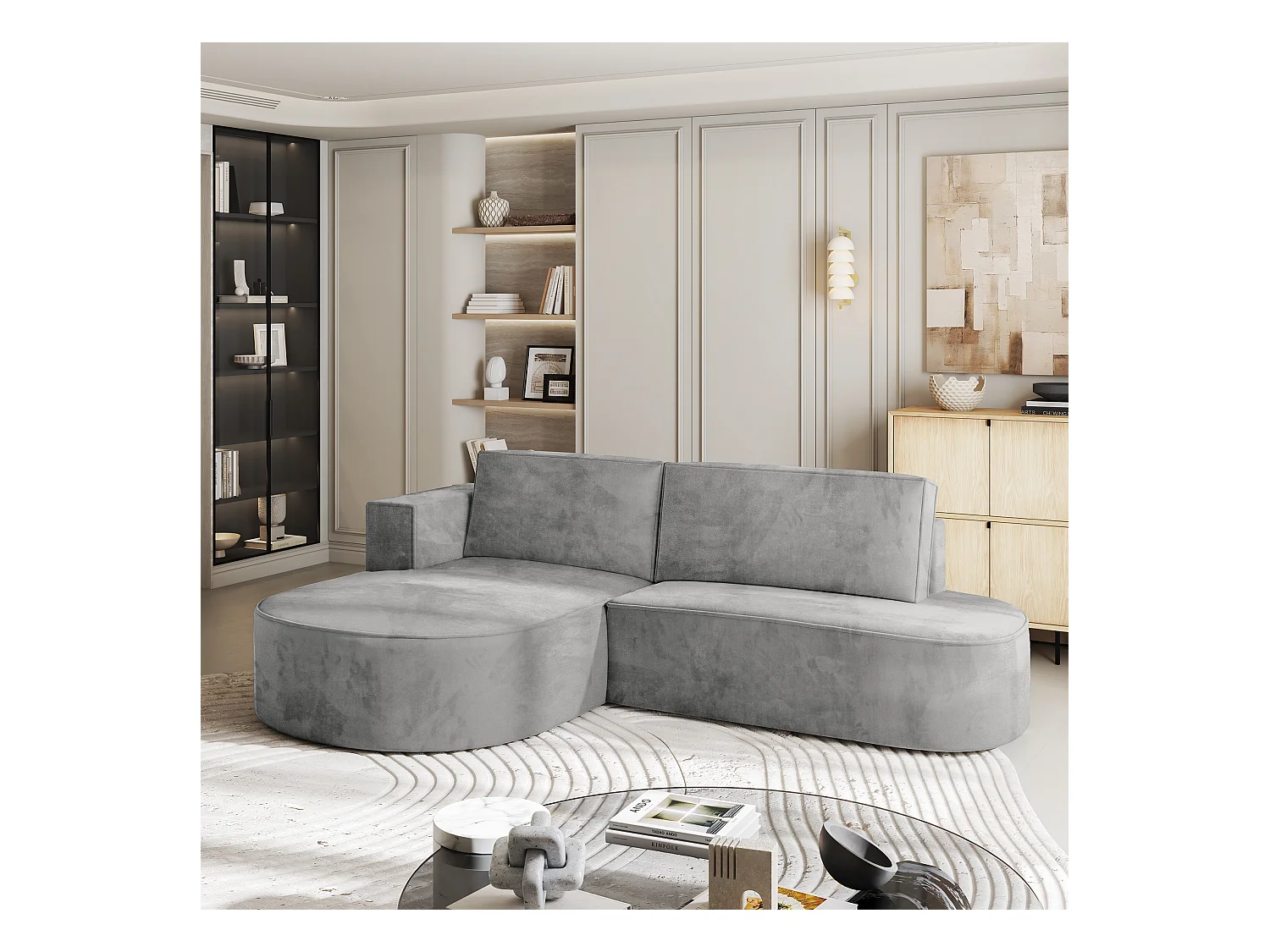 Canapé d'angle CORTIO Gris clair en velours avec fonction de couchage