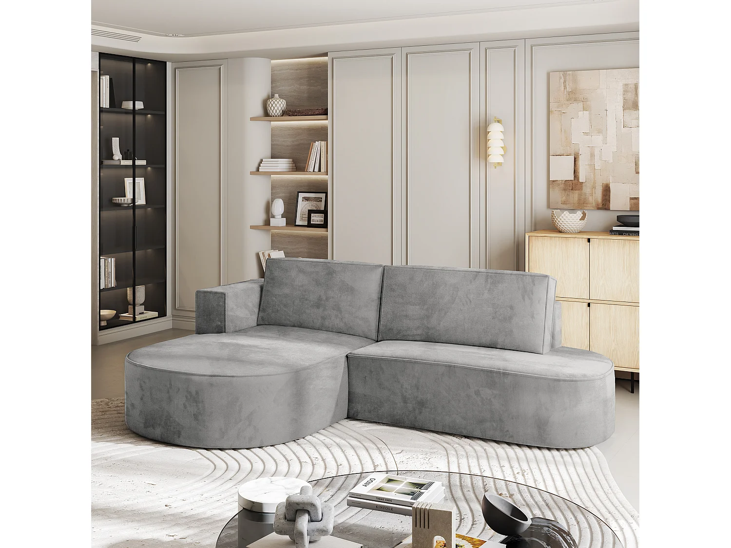 Canapé d'angle CORTIO Gris clair en velours avec fonction de couchage