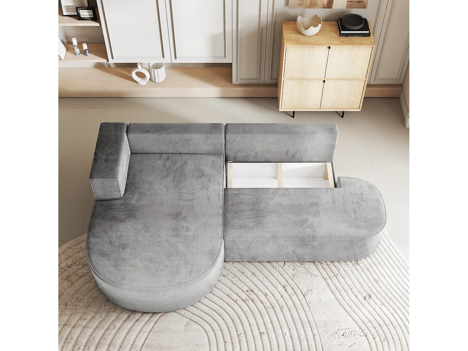 Canapé d'angle CORTIO Gris clair en velours avec fonction de couchage