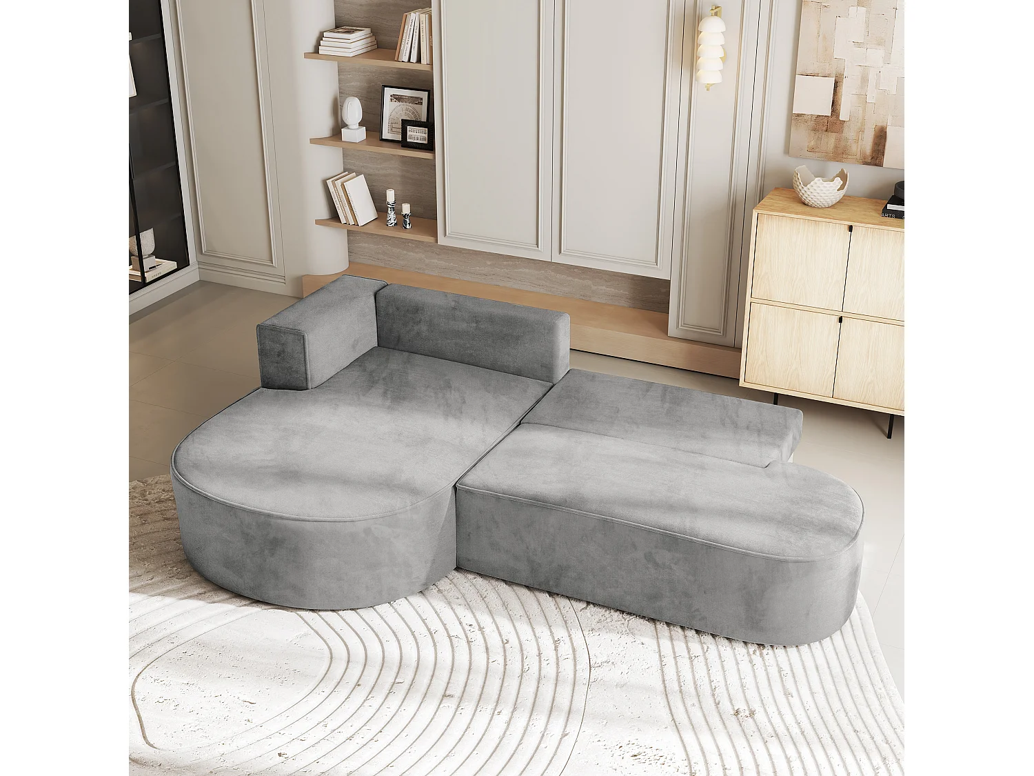 Canapé d'angle CORTIO Gris clair en velours avec fonction de couchage