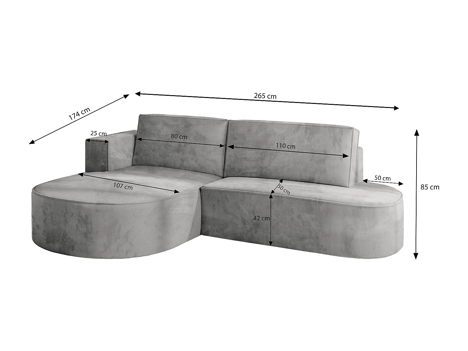 Canapé d'angle CORTIO Gris clair en velours avec fonction de couchage