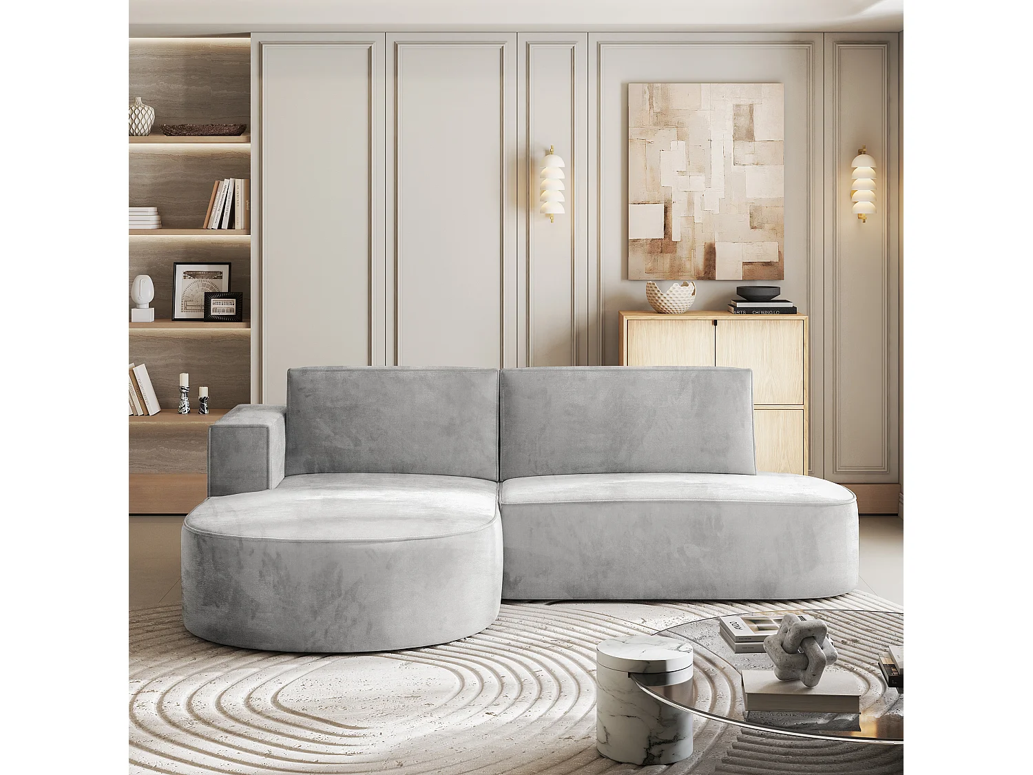 Canapé d'angle CORTIO Gris clair en velours avec fonction de couchage