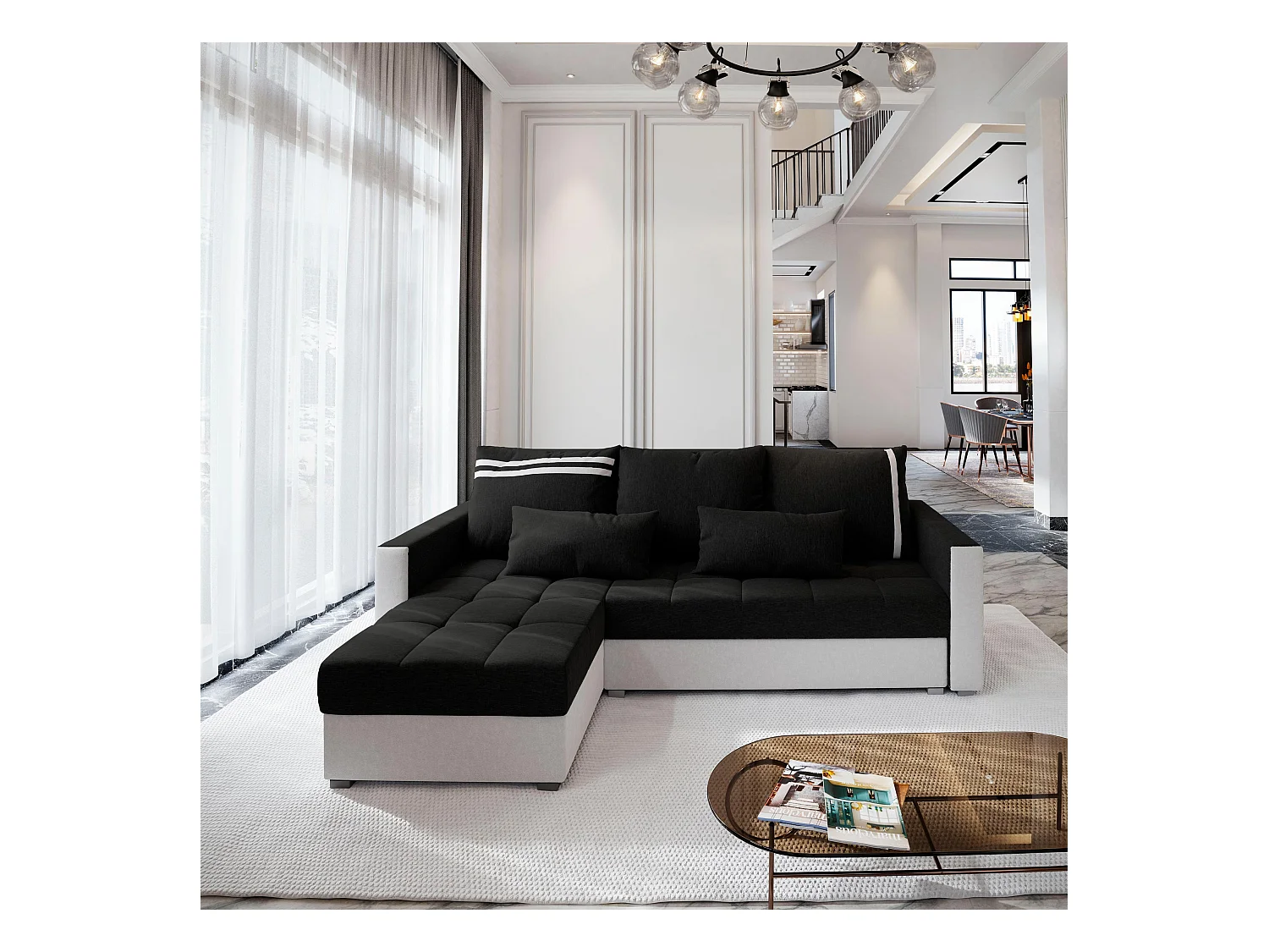 Canapé d'angle KOS PIK Noir en tissu texturé avec fonction de couchage