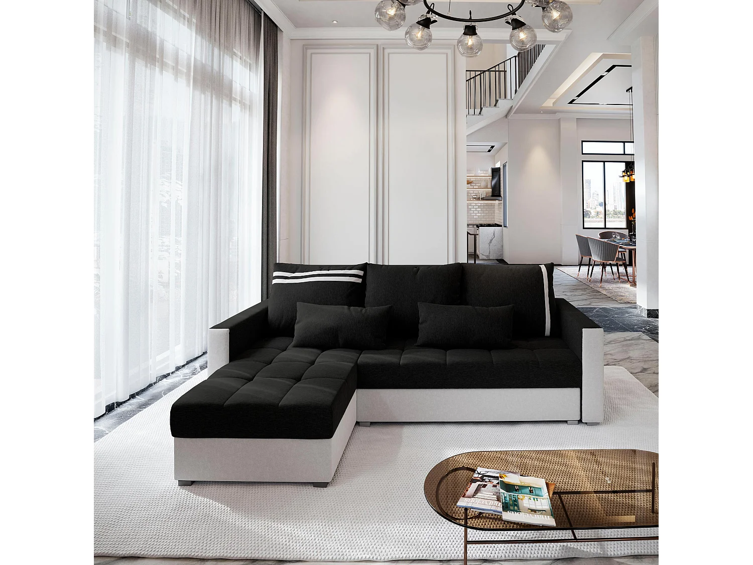 Canapé d'angle KOS PIK Noir en tissu texturé avec fonction de couchage