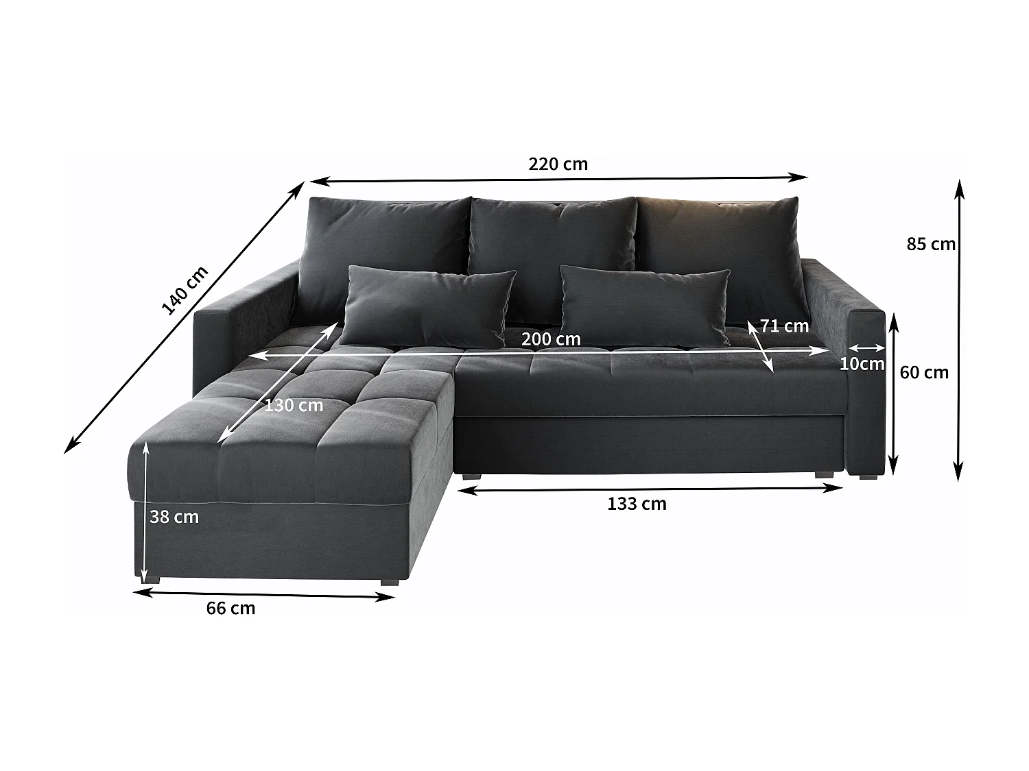 Canapé d'angle KOS PIK Noir en tissu texturé avec fonction de couchage