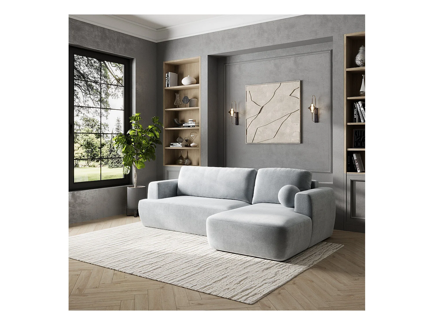 Canapé d'angle SENTI Gris clair en peluche avec fonction de couchage