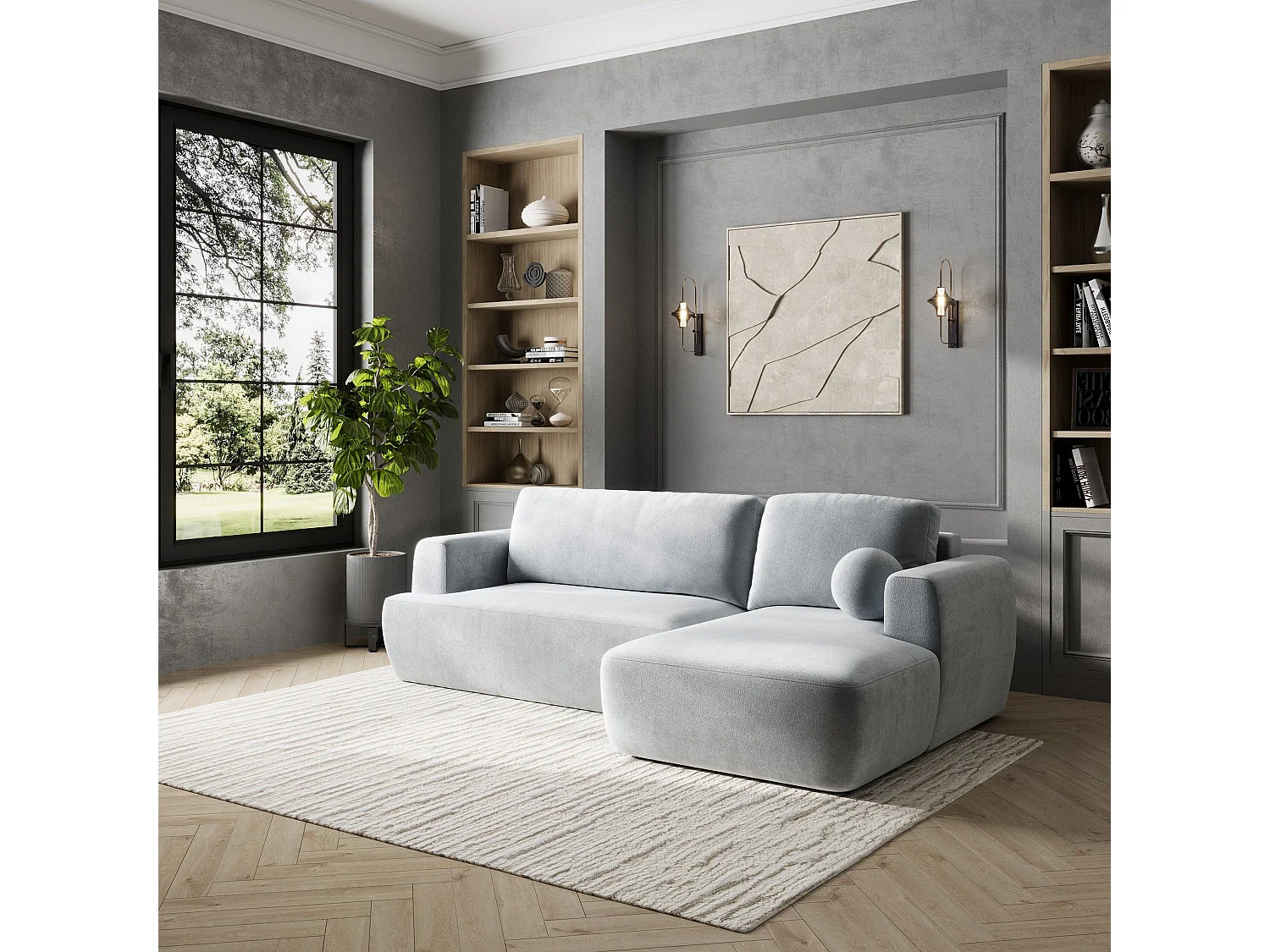 Canapé d'angle SENTI Gris clair en peluche avec fonction de couchage
